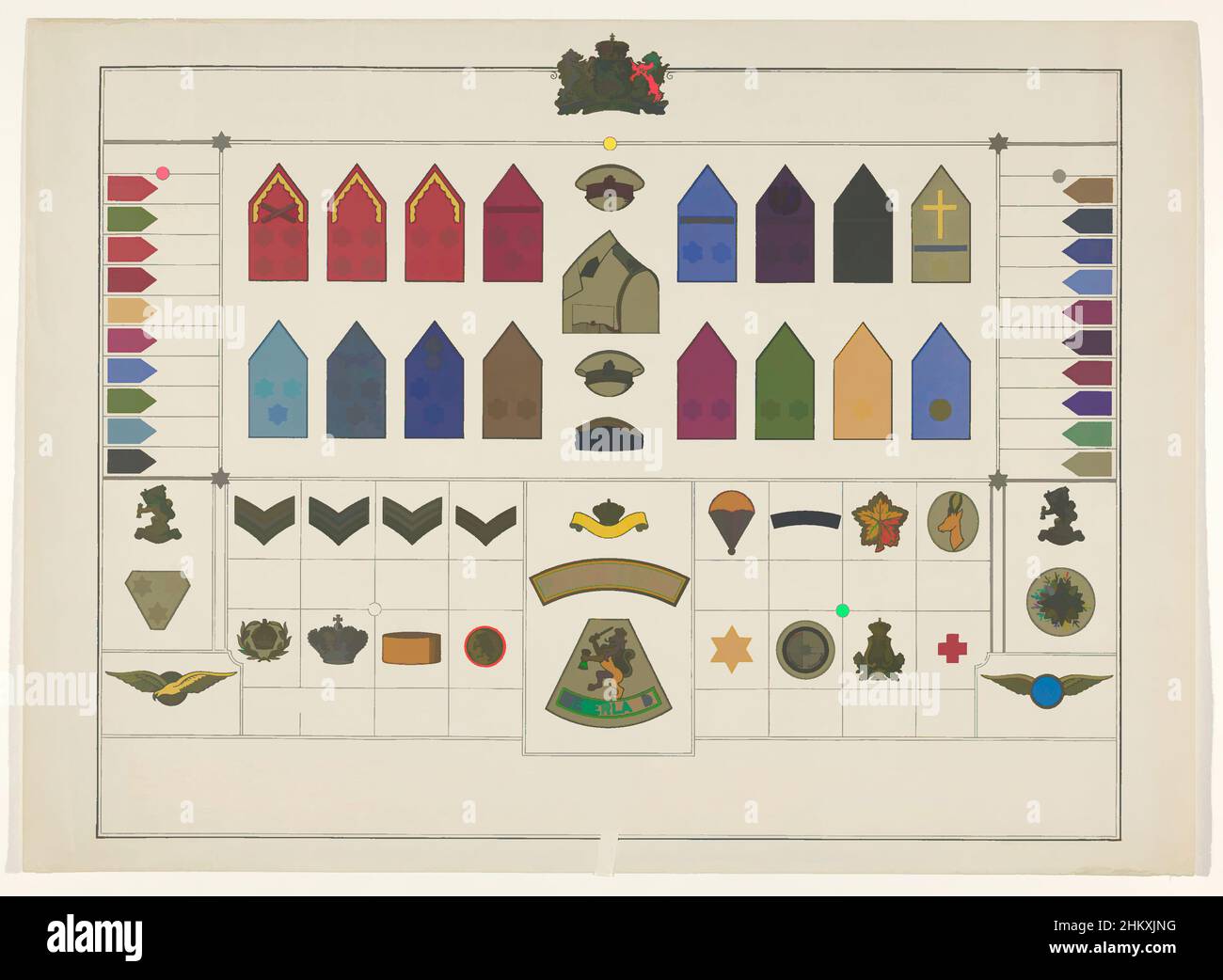 Art inspiré par les distinctions pour l'Armée royale des pays-Bas, les distences et les insignes de rang pour l'Armée royale des pays-Bas, diagramme mural avec vue d'ensemble du texte néerlandais et anglais et images en couleur de diverses marques de distinction militaire., Cor visser, éditeur : Ministerie van Oorlog, œuvres classiques modernisées par Artotop avec une touche de modernité. Formes, couleur et valeur, impact visuel accrocheur sur l'art émotions par la liberté d'œuvres d'art d'une manière contemporaine. Un message intemporel qui cherche une nouvelle direction créative. Artistes qui se tournent vers le support numérique et créent le NFT Artotop Banque D'Images