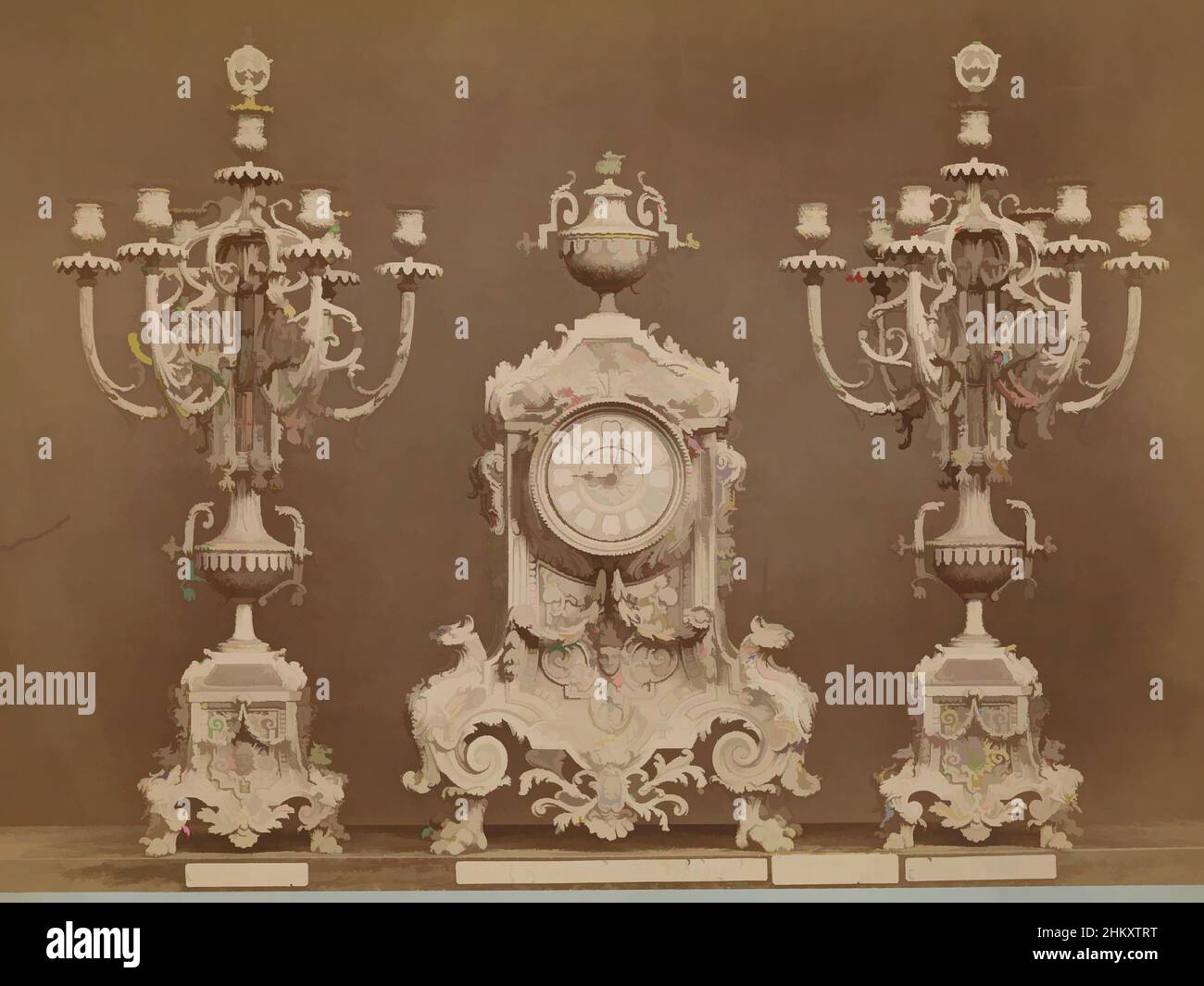 Art inspiré par l'horloge de table avec deux chandeliers, Garniture Louis XIV, Europe, c. 1875 - c. 1900, carton, imprimé albumine, hauteur 244 mm × largeur 337 mm, oeuvres classiques modernisées par Artotop avec une touche de modernité. Formes, couleur et valeur, impact visuel accrocheur sur l'art émotions par la liberté d'œuvres d'art d'une manière contemporaine. Un message intemporel qui cherche une nouvelle direction créative. Artistes qui se tournent vers le support numérique et créent le NFT Artotop Banque D'Images