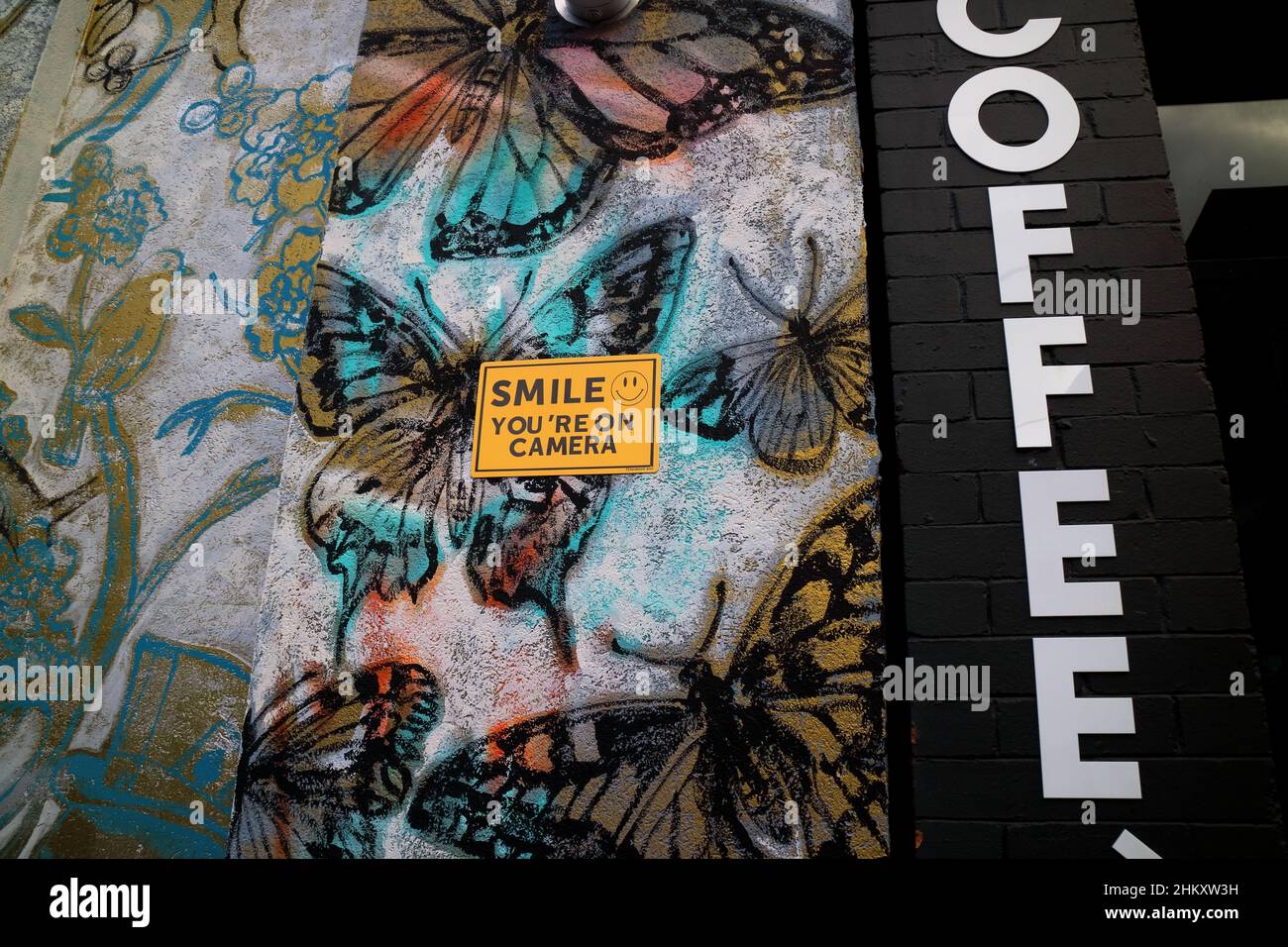 Souriez que vous êtes sur le panneau de sécurité de la caméra sur un mur de bâtiment décoré de papillons à Brisbane, en Australie Banque D'Images