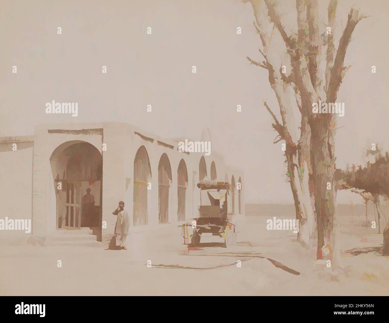 Art inspiré par la route de Kazrin, Kenendeh, Iran, vue d'un bâtiment mosquée?, une calèche et deux arbres en face., Antoine Sevruguin, (attribué à), Iran, c. 1885 - c. 1910, papier, imprimé albumine, hauteur 154 mm, largeur 205 mm, Œuvres classiques modernisées par Artotop avec une touche de modernité. Formes, couleur et valeur, impact visuel accrocheur sur l'art émotions par la liberté d'œuvres d'art d'une manière contemporaine. Un message intemporel qui cherche une nouvelle direction créative. Artistes qui se tournent vers le support numérique et créent le NFT Artotop Banque D'Images