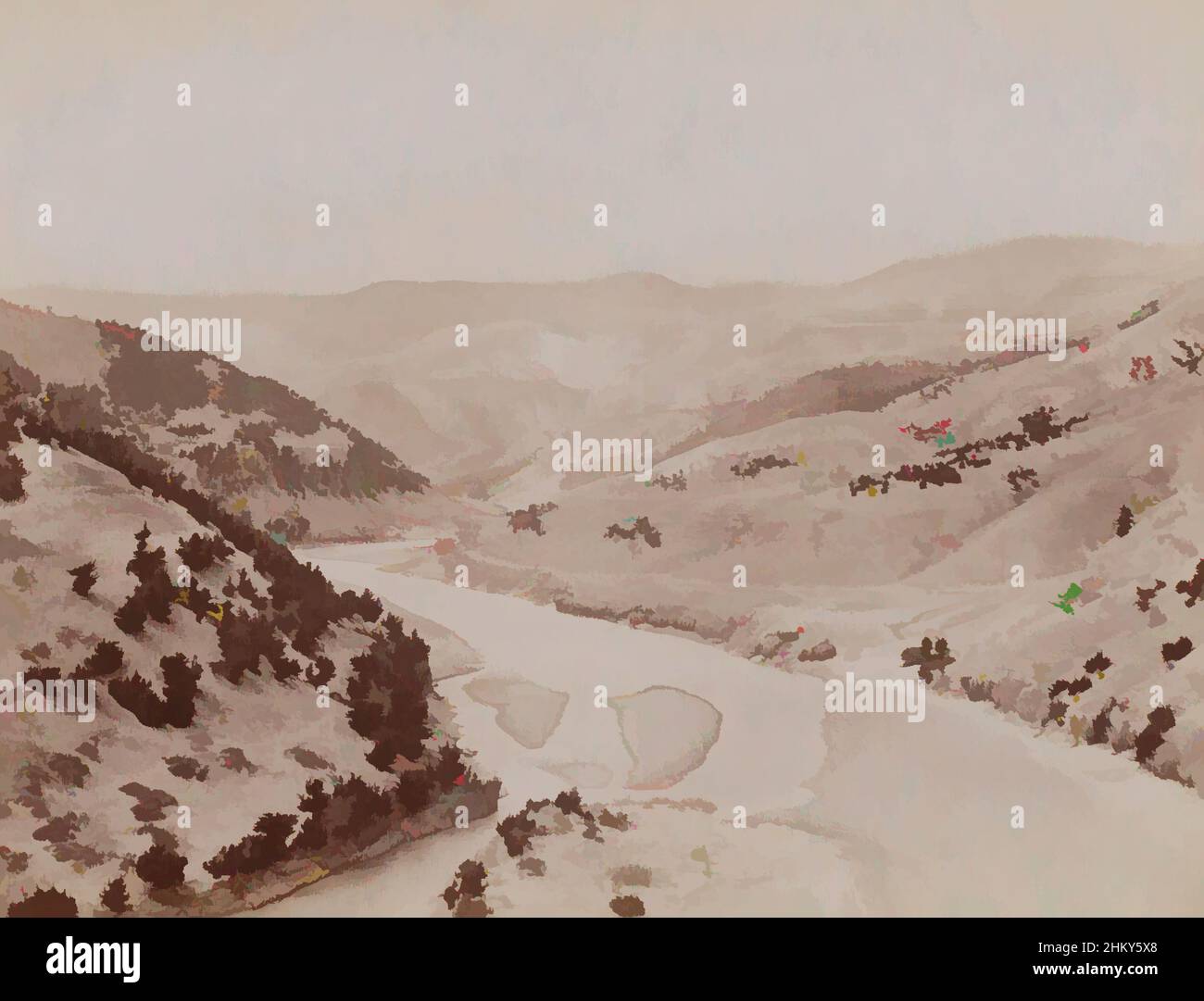 Art inspiré par Paysage avec rivière et collines des deux côtés (la route de Rescht), Iran, Paysage avec rivière et collines des deux côtés (la route de Rescht), Iran., Antoine Sevruguin (attribué à), Iran, c. 1880 - c. 1910, papier, imprimé albumine, hauteur 154 mm, largeur 225 mm, Œuvres classiques modernisées par Artotop avec une touche de modernité. Formes, couleur et valeur, impact visuel accrocheur sur l'art émotions par la liberté d'œuvres d'art d'une manière contemporaine. Un message intemporel qui cherche une nouvelle direction créative. Artistes qui se tournent vers le support numérique et créent le NFT Artotop Banque D'Images