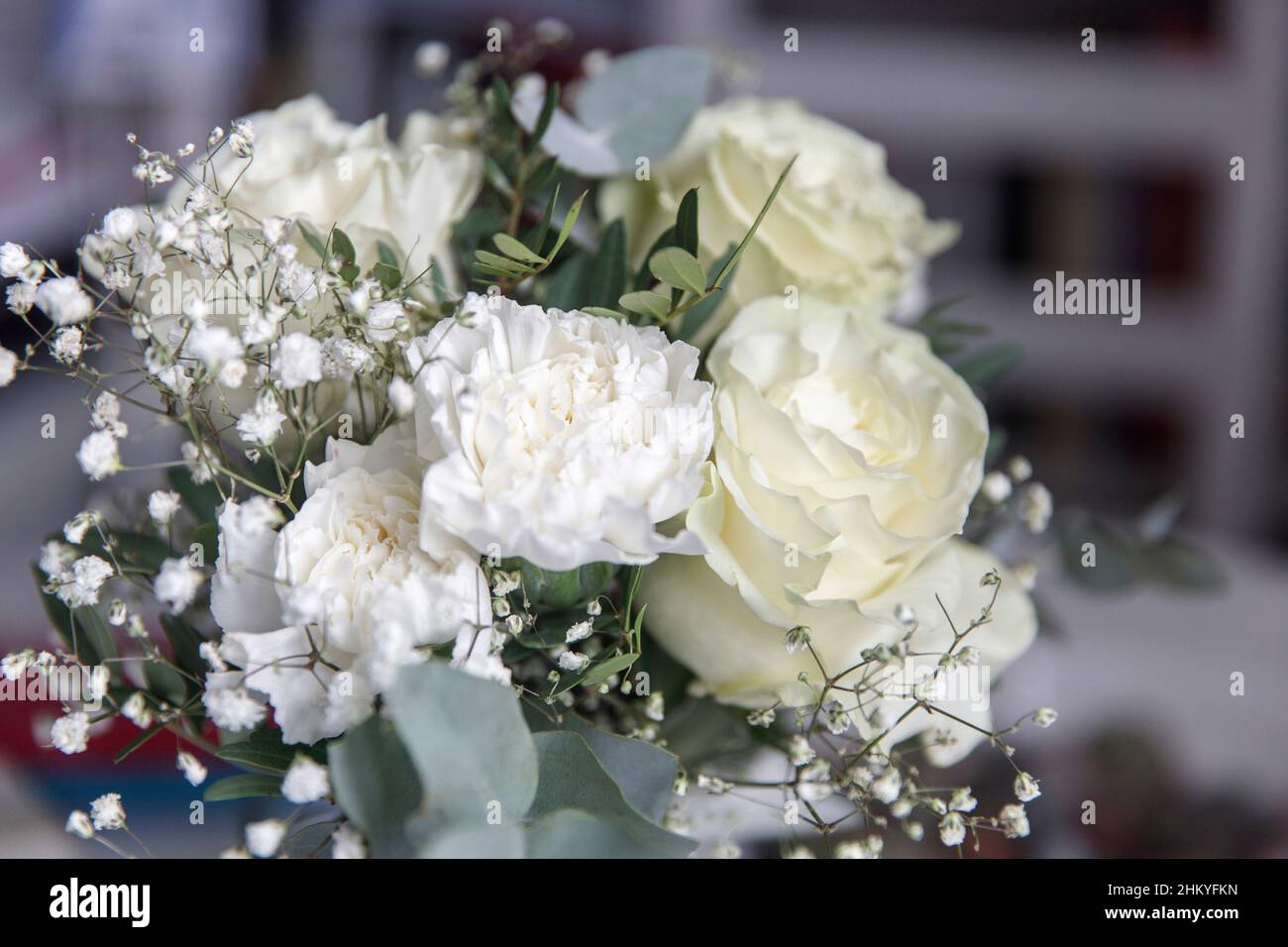 Les roses blanches, les œillets terry, le lisianthus, le gitsophila et  l'eucalyptus sont dans le bouquet de mariage de la mariée Photo Stock -  Alamy