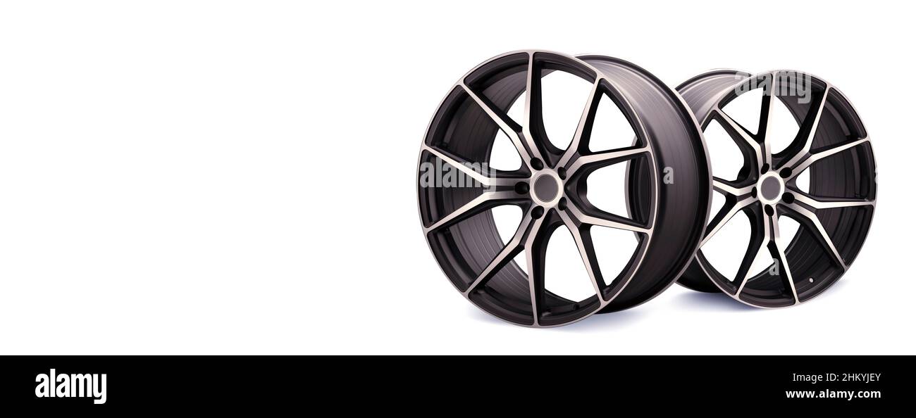 nouvelles roues en alliage forgé sur fond bleu et blanc. roues sport fraîches avec rayons fins, réglage automatique du poids léger, atelier de pneus ou sport automobile desig Banque D'Images