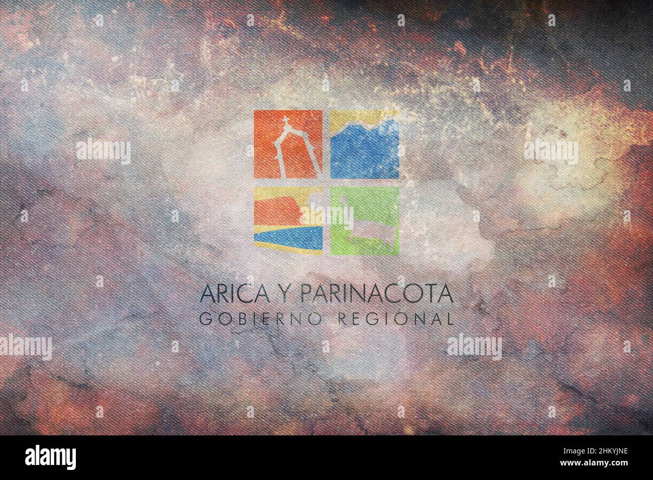 Vue de dessus du drapeau Arica y Parinacota, Chili. Drapeau rétro avec texture grunge.Voyage chilien et patriote concept. Pas de mât.Conception de plan, présentation.FLA Banque D'Images