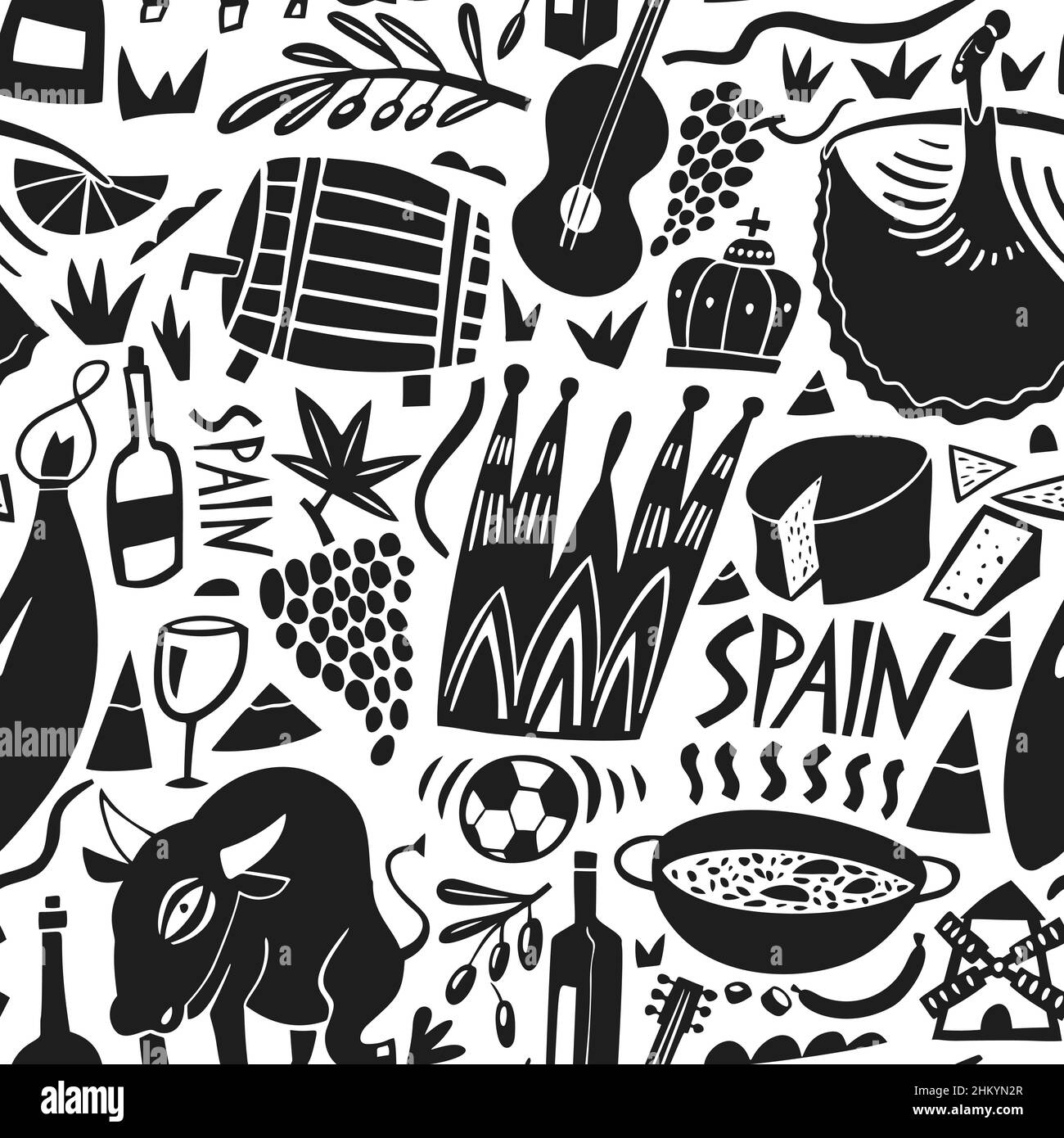 Vector dessiné à la main Espagne repères tracé sans couture.Illustrations de voyage des symboles Royaume d'Espagne.Lettrage dessiné à la main.Arrière-plan des icônes d'Europe Illustration de Vecteur