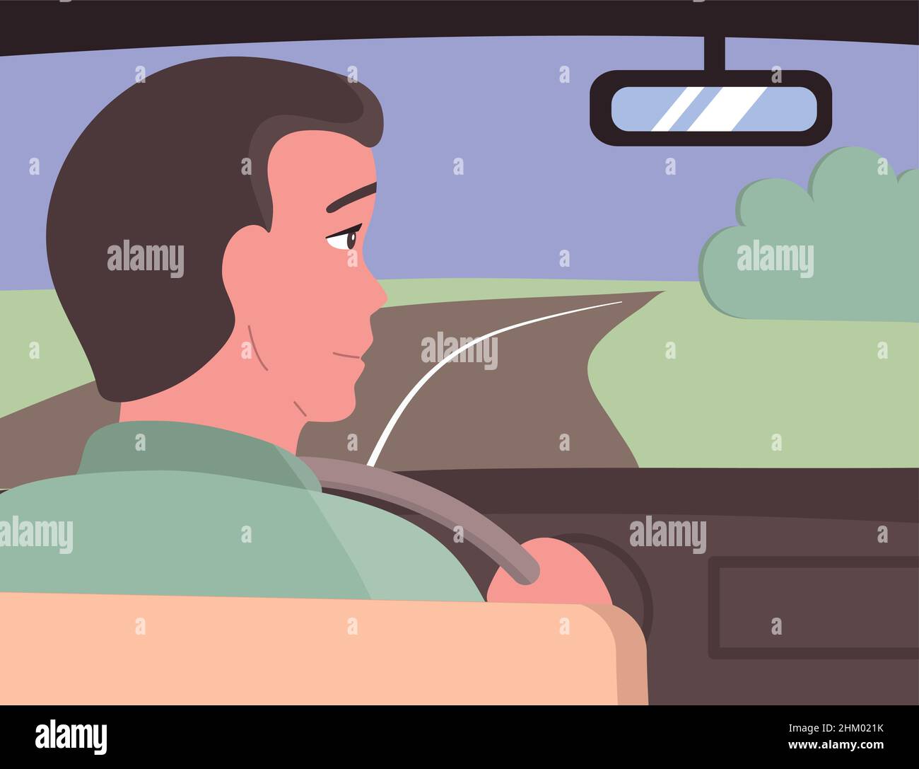 Voyage, voyage.Un jeune homme conduit une voiture sur la route.Vecteur plat. Illustration de Vecteur