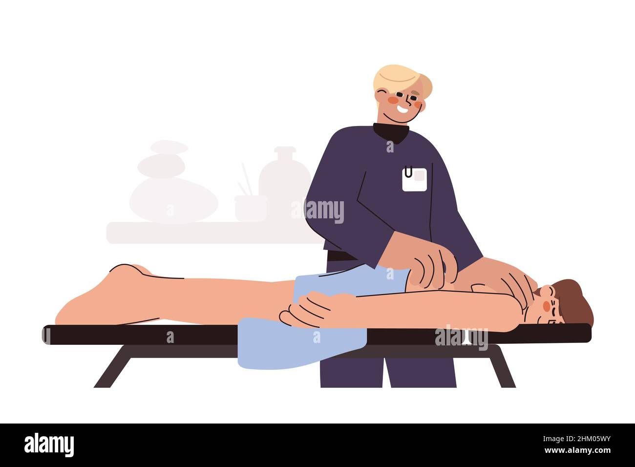 Masseuse plate pour un massage du dos au patient.Médecin chiropraticien et homme couché sur le canapé.Ostéopathe ou physiothérapeute professionnel en clinique.Physiothérapie pour la récupération et la réhabilitation du corps. Illustration de Vecteur