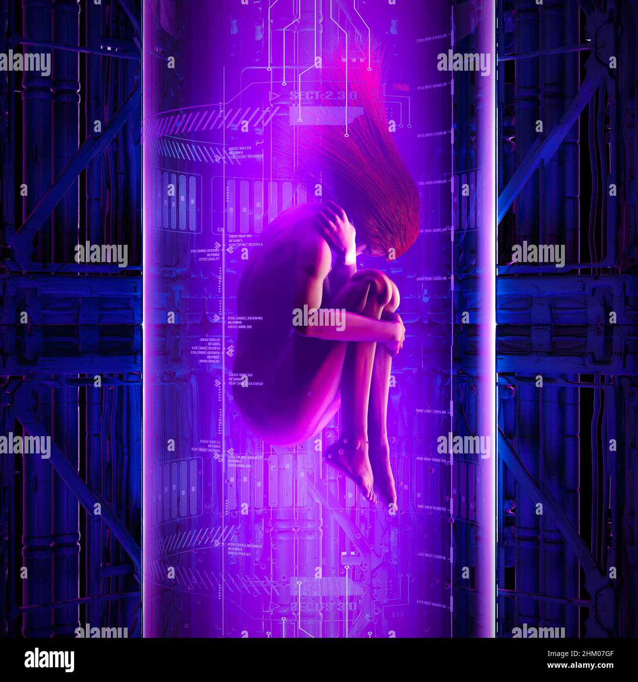 3D illustration d'une scène de science-fiction montrant une figure féminine humaine avec des cheveux rouges flottant dans un tube de clonage médical futuriste Banque D'Images