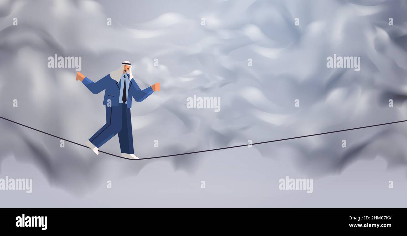 l'homme d'affaires arabe qui marche sur l'équilibre serré corde risque défi aider dans le concept d'affaires Illustration de Vecteur