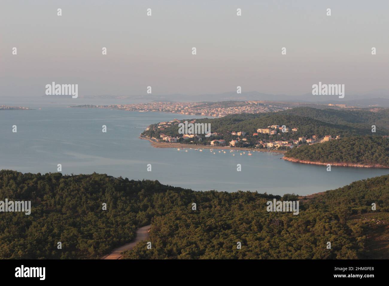 Vue aérienne de la ville par la mer dans la forêt Banque D'Images