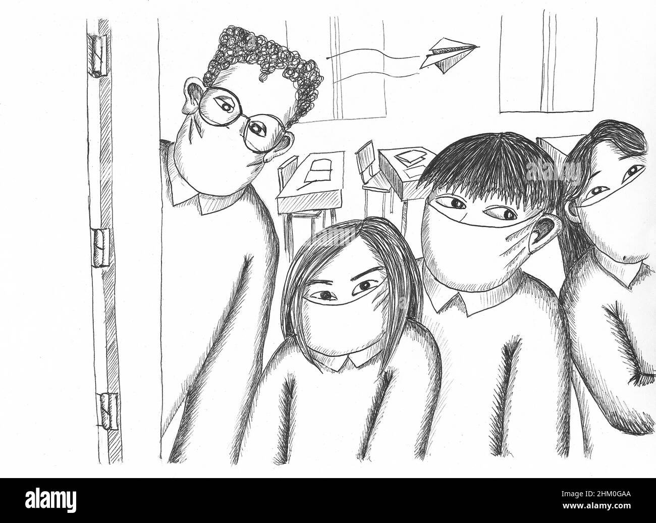 Quatre élèves à la porte de leur salle de classe.Illustration. Banque D'Images