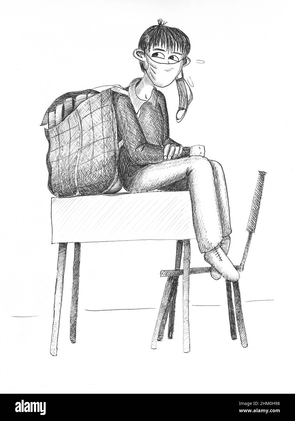 Étudiant portant un énorme sac à dos, assis sur une table. Illustration. Banque D'Images