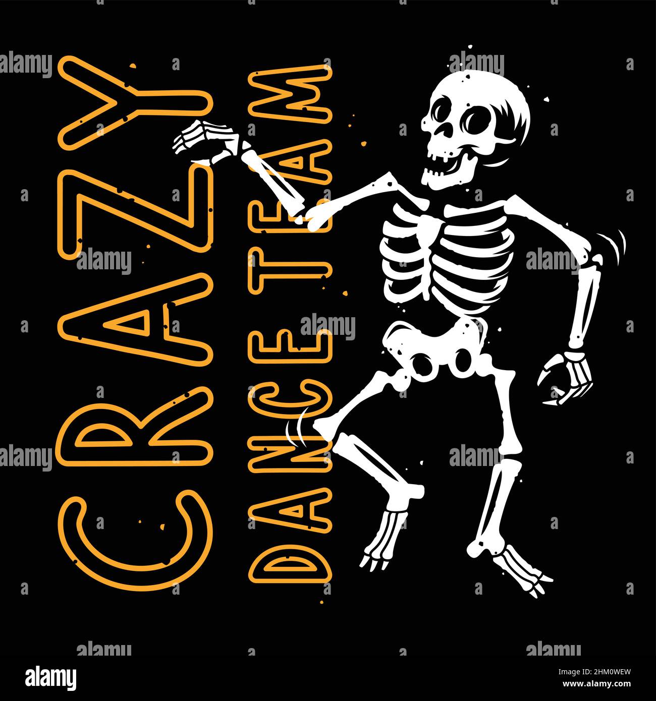 texte « crazy dance team » avec illustration vectorielle du squelette dansant sur fond noir Illustration de Vecteur