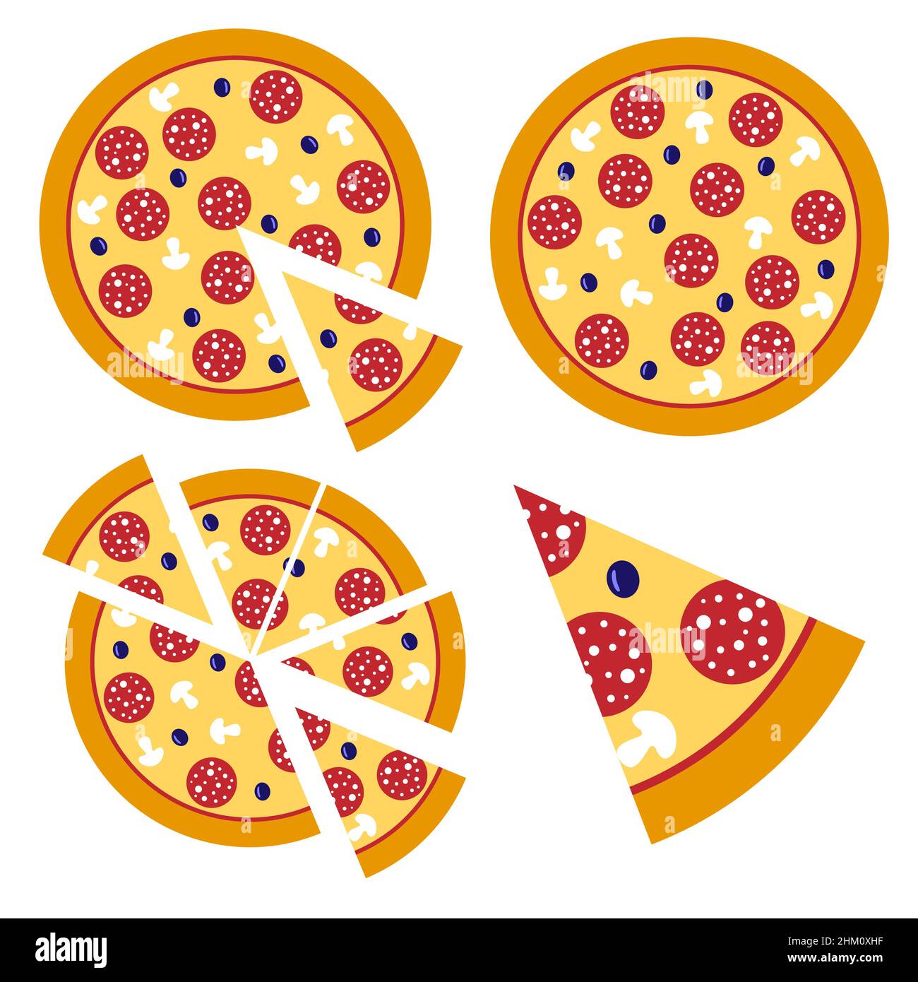 Pizza transe vecteur, pizzeria italienne isolé icône.Illustrations vectorielles pour le menu pizzeria.Un apéritif aux champignons, au salami et aux olives. Illustration de Vecteur