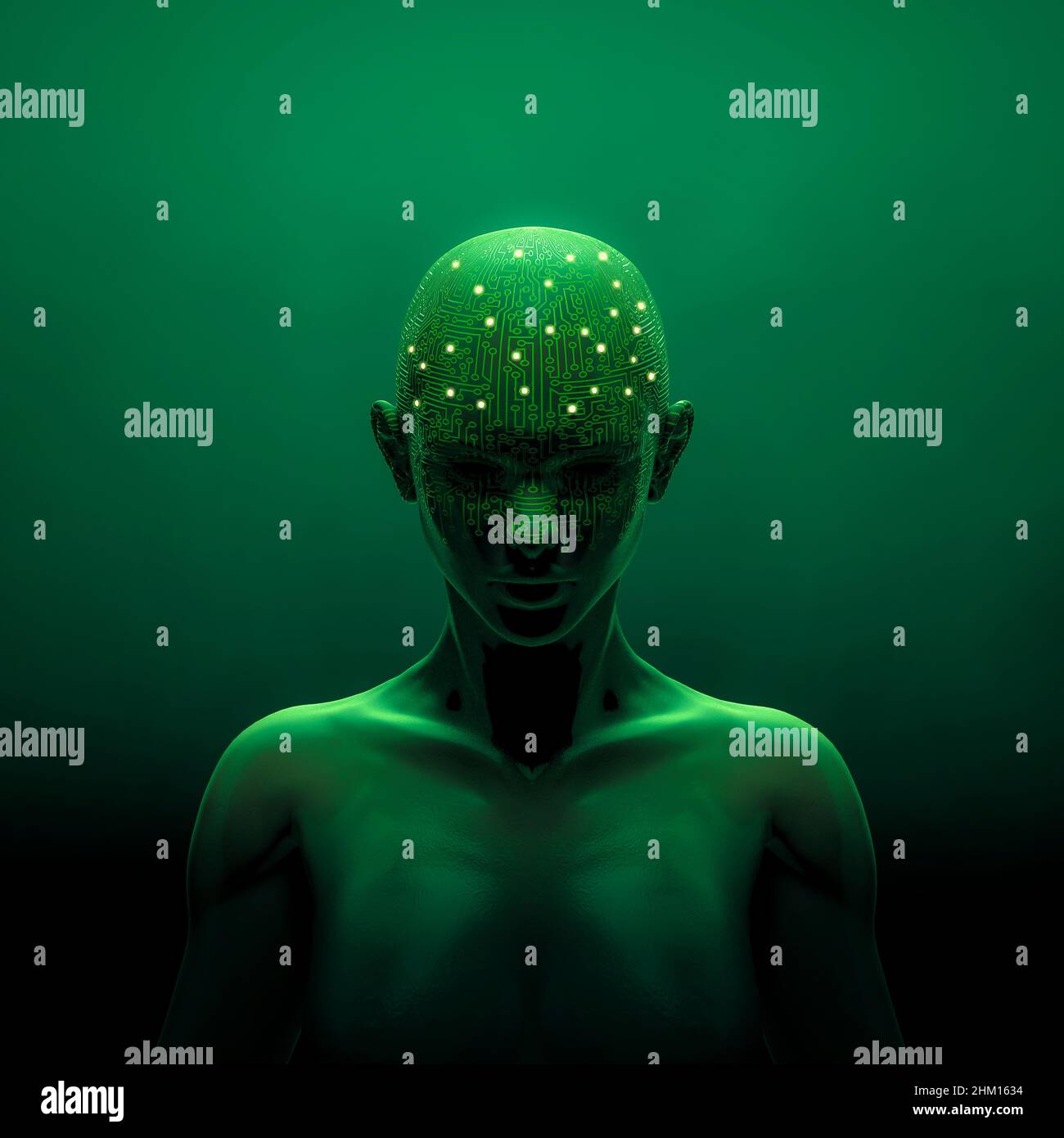 Idée de fille d'intelligence artificielle - 3D illustration de la figure femelle vert foncé avec carte de circuit imprimé d'ordinateur couvrant la tête Banque D'Images
