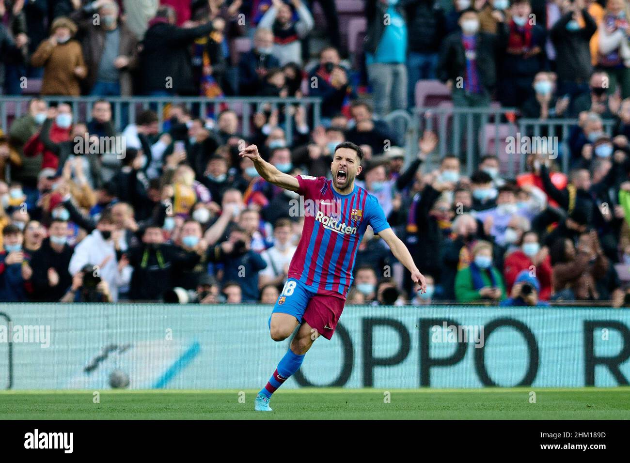 Barcelone, Espagne.Camp Nou, Barcelone, Espagne.6th févr. 2022.La Liga Santander, Barcelone versus Atletico de Madrid; Jordi Alba célèbre son but pour 1-1 dans le crédit de 10th minutes: Action plus Sports/Alay Live News crédit: Action plus Sports Images/Alay Live News Banque D'Images