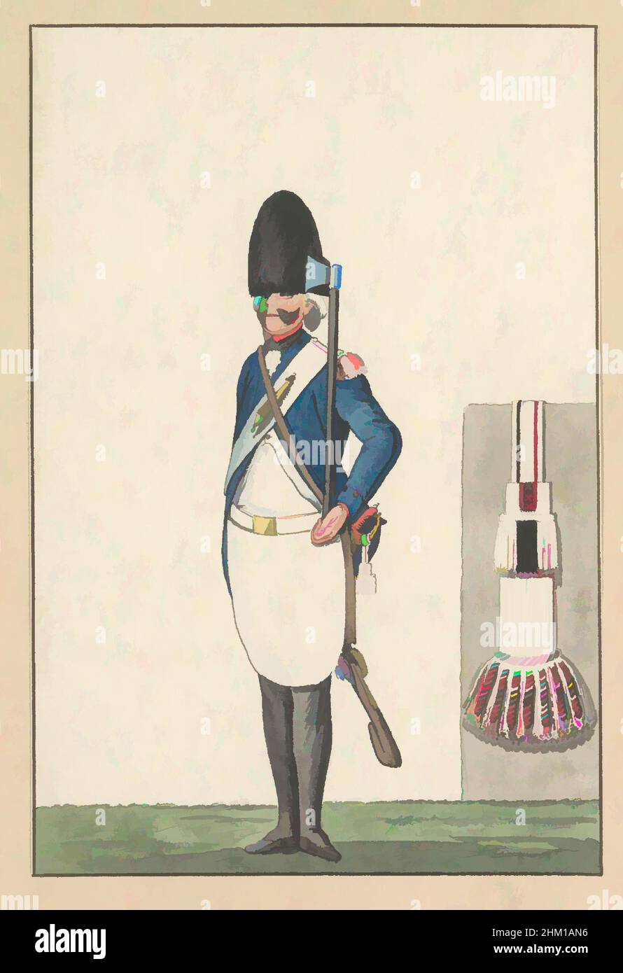 Art inspiré par Sapper de la Genootschap tot Nut der Schutterij à Amsterdam, 1787, Bijleman, Sapper, debout avec une hache dans la main gauche reposant sur l'épaule. Sur la droite un détail de l'épaulette. Partie de l'album avec quatorze dessins de couleur collés des uniformes de, œuvres classiques modernisées par Artotop avec un peu de modernité. Formes, couleur et valeur, impact visuel accrocheur sur l'art émotions par la liberté d'œuvres d'art d'une manière contemporaine. Un message intemporel qui cherche une nouvelle direction créative. Artistes qui se tournent vers le support numérique et créent le NFT Artotop Banque D'Images