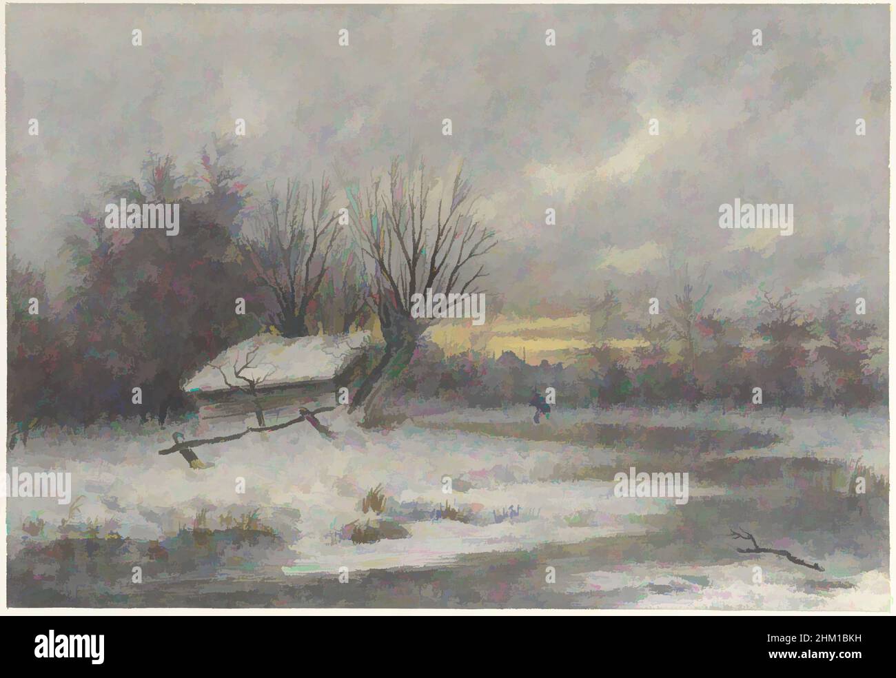 Art inspiré par le paysage d'hiver, dessinateur: Johannes Engel Masurel, 1836 - 1915, papier, pinceau, hauteur 230 mm × largeur 335 mm, oeuvres classiques modernisées par Artotop avec un peu de modernité. Formes, couleur et valeur, impact visuel accrocheur sur l'art émotions par la liberté d'œuvres d'art d'une manière contemporaine. Un message intemporel qui cherche une nouvelle direction créative. Artistes qui se tournent vers le support numérique et créent le NFT Artotop Banque D'Images