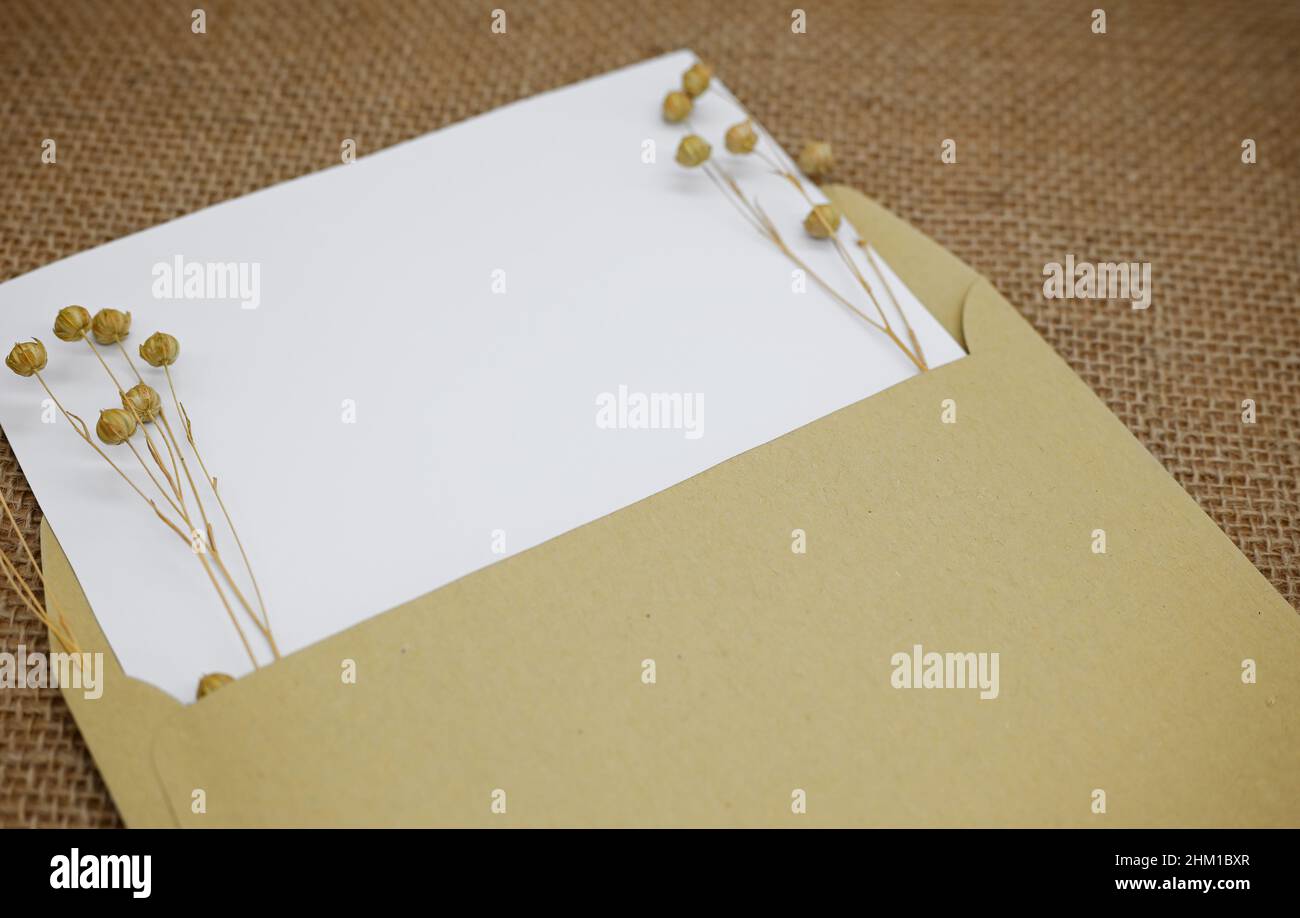 Maquette avec enveloppe et carte vierge. Une enveloppe en papier kraft sur toile de jute. Fleurs séchées (lin sec avec gousses de graines) en enveloppe. Banque D'Images