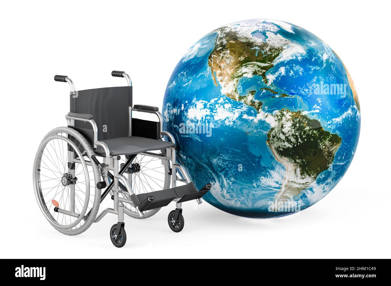 Fauteuil roulant avec Earth Globe, 3D rendu isolé sur fond blanc Banque D'Images