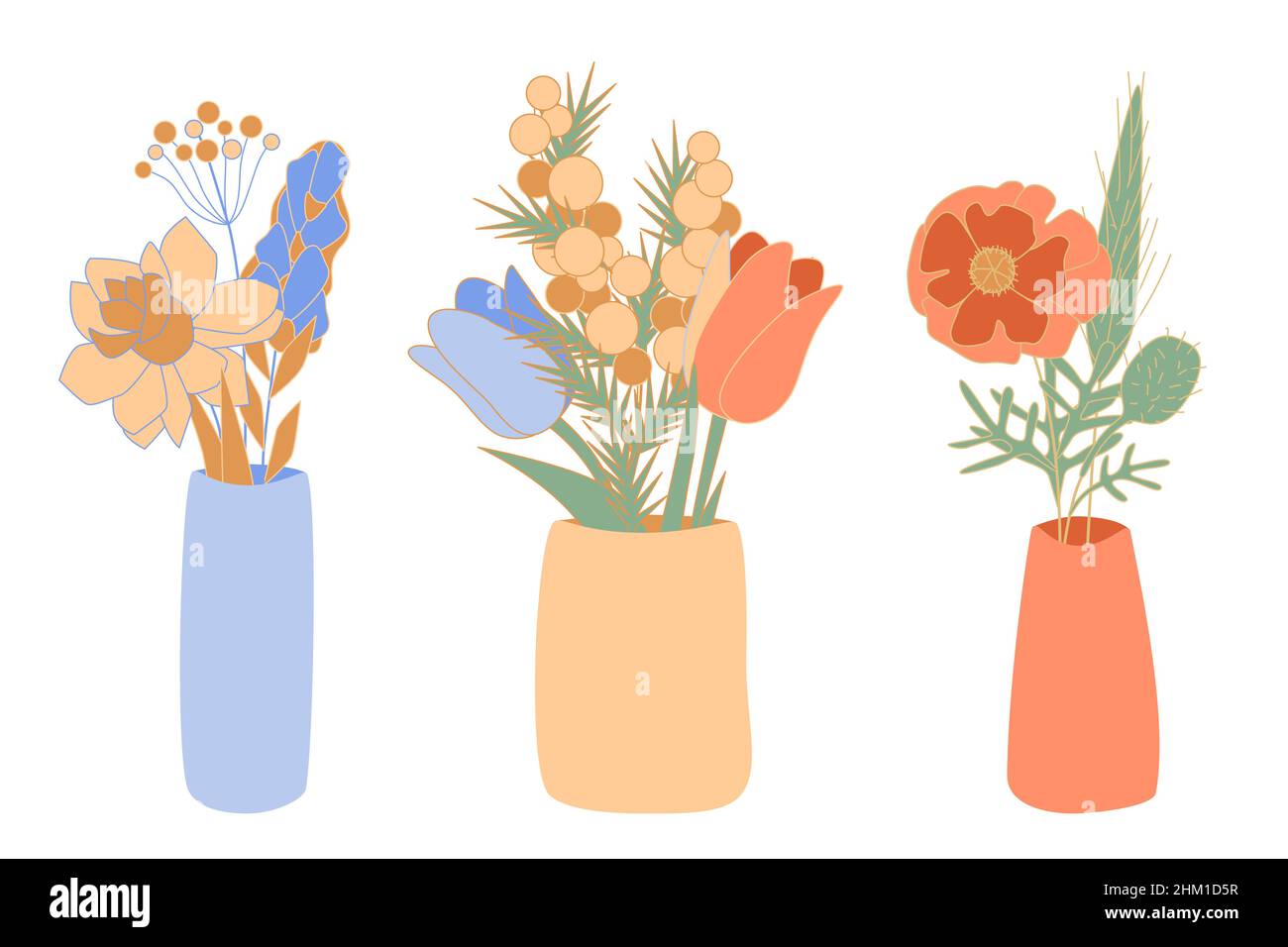 Bouquètes de fleurs en vases céramiques minimalistes vecteur résumé mimosa, crocus, airelle d'hiver, tulipe, narcisse,shirley dans bol de pot de fleurs, 8 Illustration de Vecteur