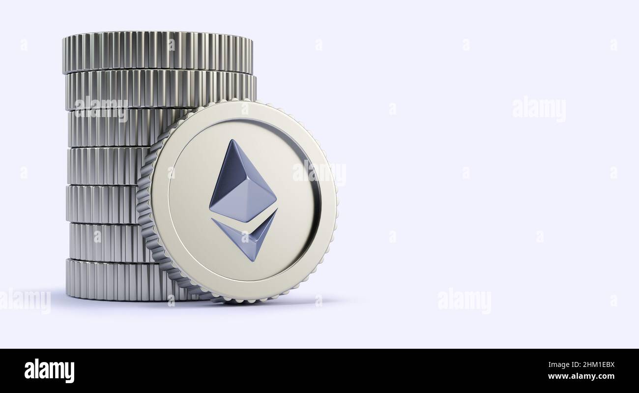 Pile d'Ethereums ETH pièces d'argent simples avec espace de copie sur fond neutre pour bannière dans le rendu réaliste 3D.Crypto-monnaie, échange 2p2 et Banque D'Images