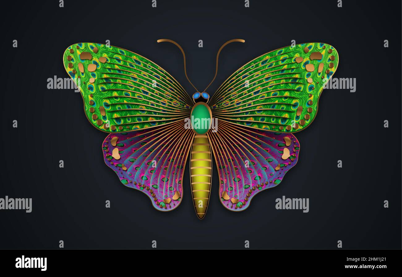 Or luxe décoratif papillon coloré texture paon, illustration de modèle de logo de bijou.Vector Design pour la mode, l'impression d'affiches et de cartes, Illustration de Vecteur
