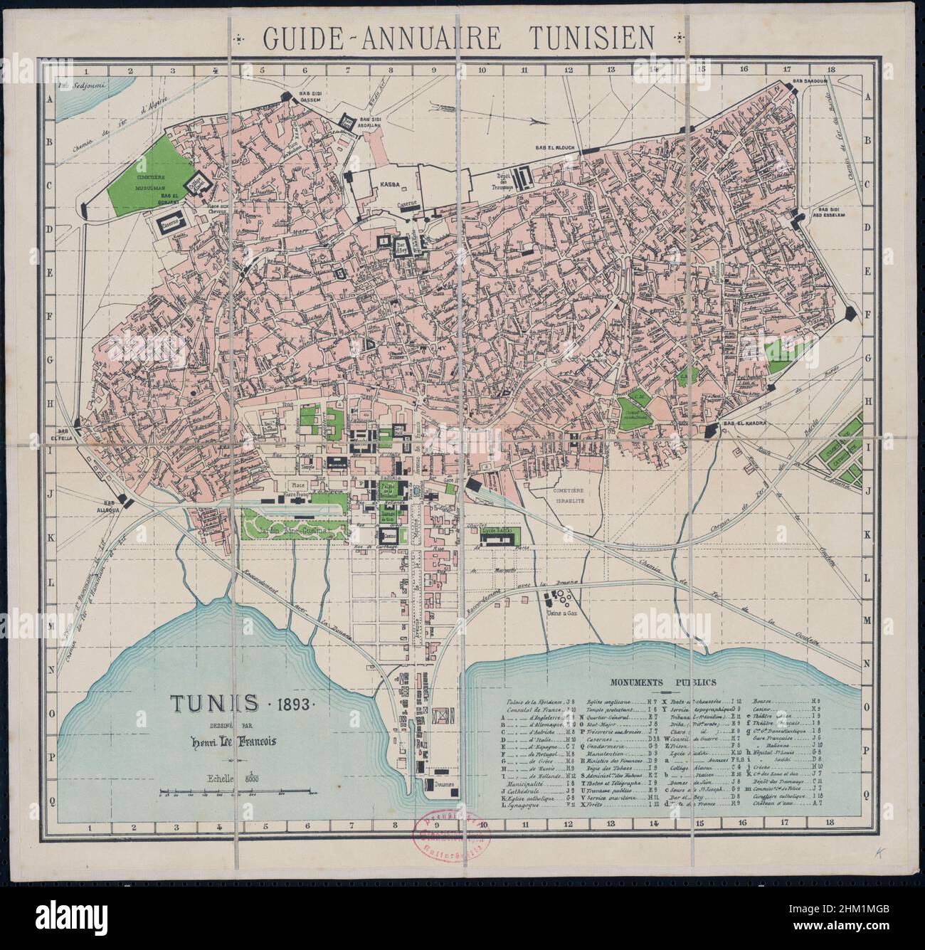 1893 carte de Tunis, Tunisie Banque D'Images