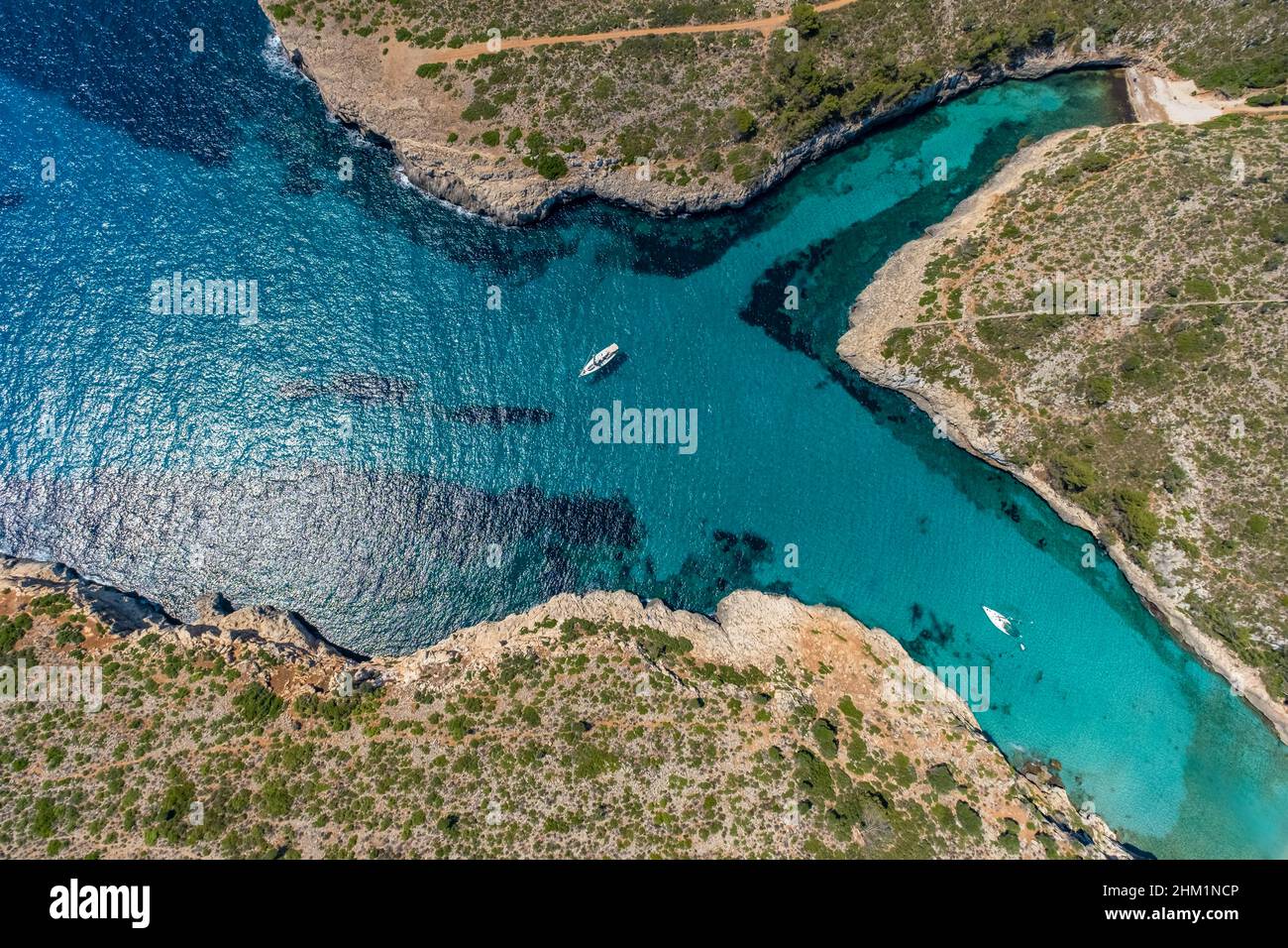 Vue aérienne, baies avec plage à l'est de Manacor, plage de rêve, baie de rêve, Manacor, Majorque, Iles Baléares, Espagne, Baie, ES, Europe, côte rocheuse, Banque D'Images
