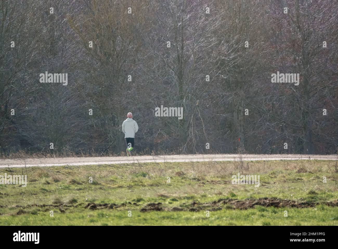 homme portant des chaussettes haute visibilité qui jogging sur une piste non faite Banque D'Images