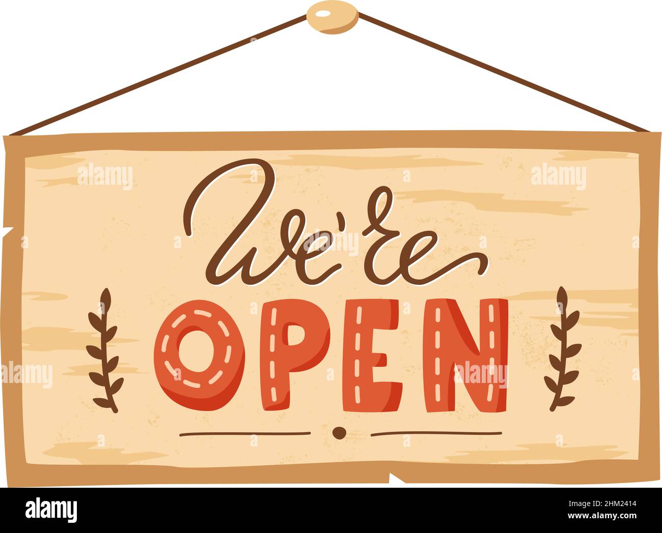 Nous sommes ouverts sur panneau de porte en bois.Nous sommes un panneau d'affichage suspendu ouvert.Concept d'entrée pour les affaires et les magasins.Illustration du lettrage vectoriel Illustration de Vecteur
