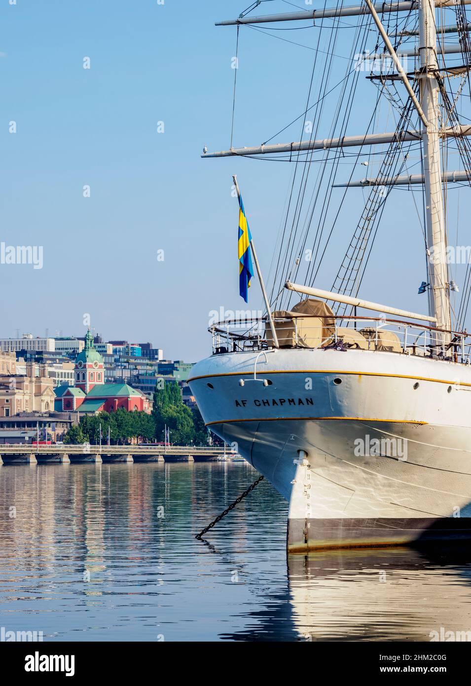 Navire à voile à trois mâts appelé AF Chapman sur l'île de Skeppsholmen, Stockholm, Comté de Stockholm, Suède Banque D'Images