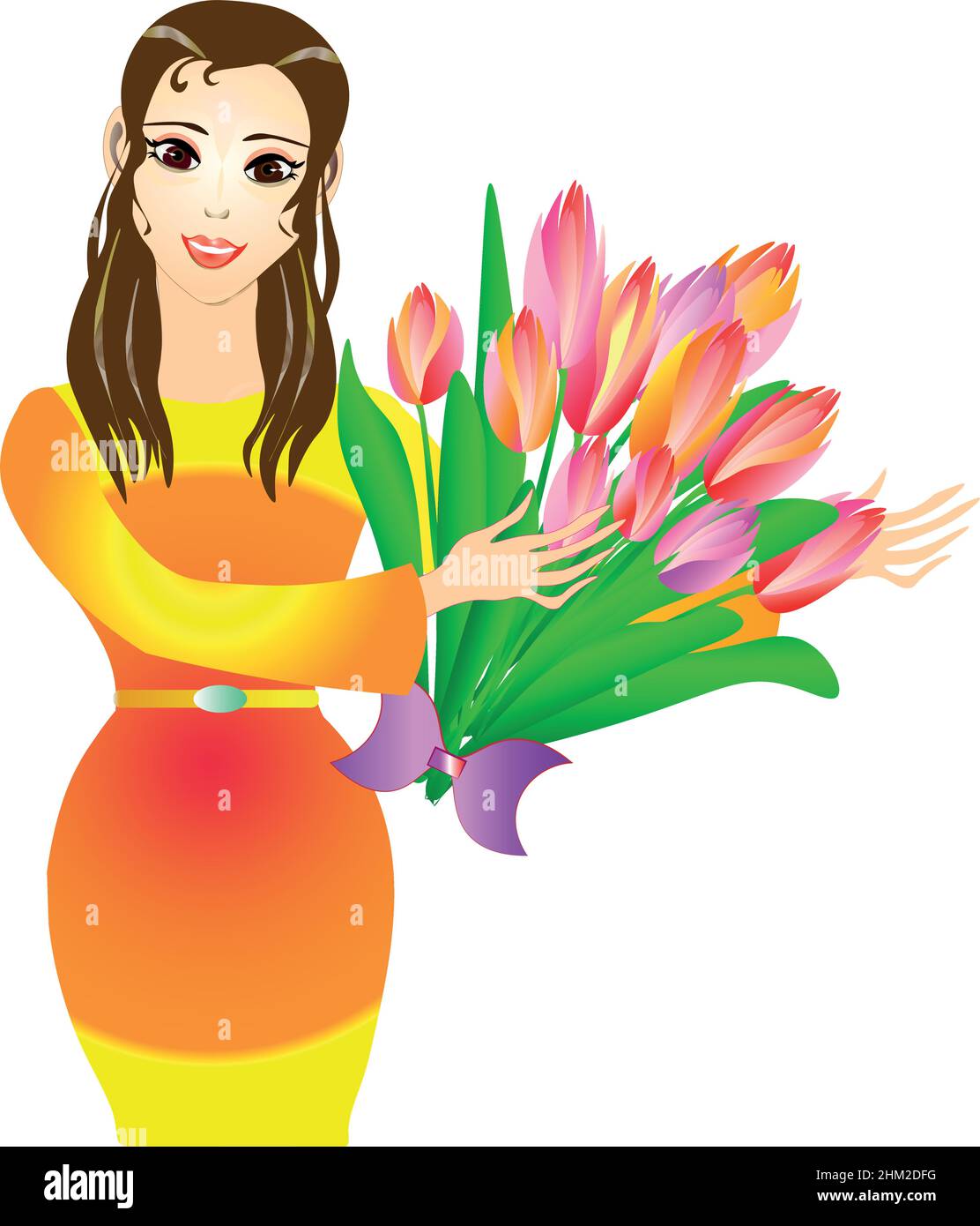 Charmante illustration de la Dame avec un buoqet de magnifiques tulipes.Journée internationale de la femme. Vector Illustration de Vecteur