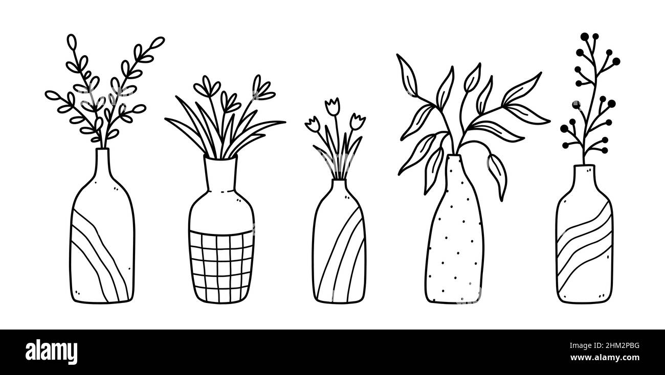 Ensemble de jolies fleurs et brindilles dans des vases en céramique isolés sur fond blanc. Illustration vectorielle dessinée à la main, style doodle. Parfait pour les cartes, les décorations, le logo. Illustration de Vecteur