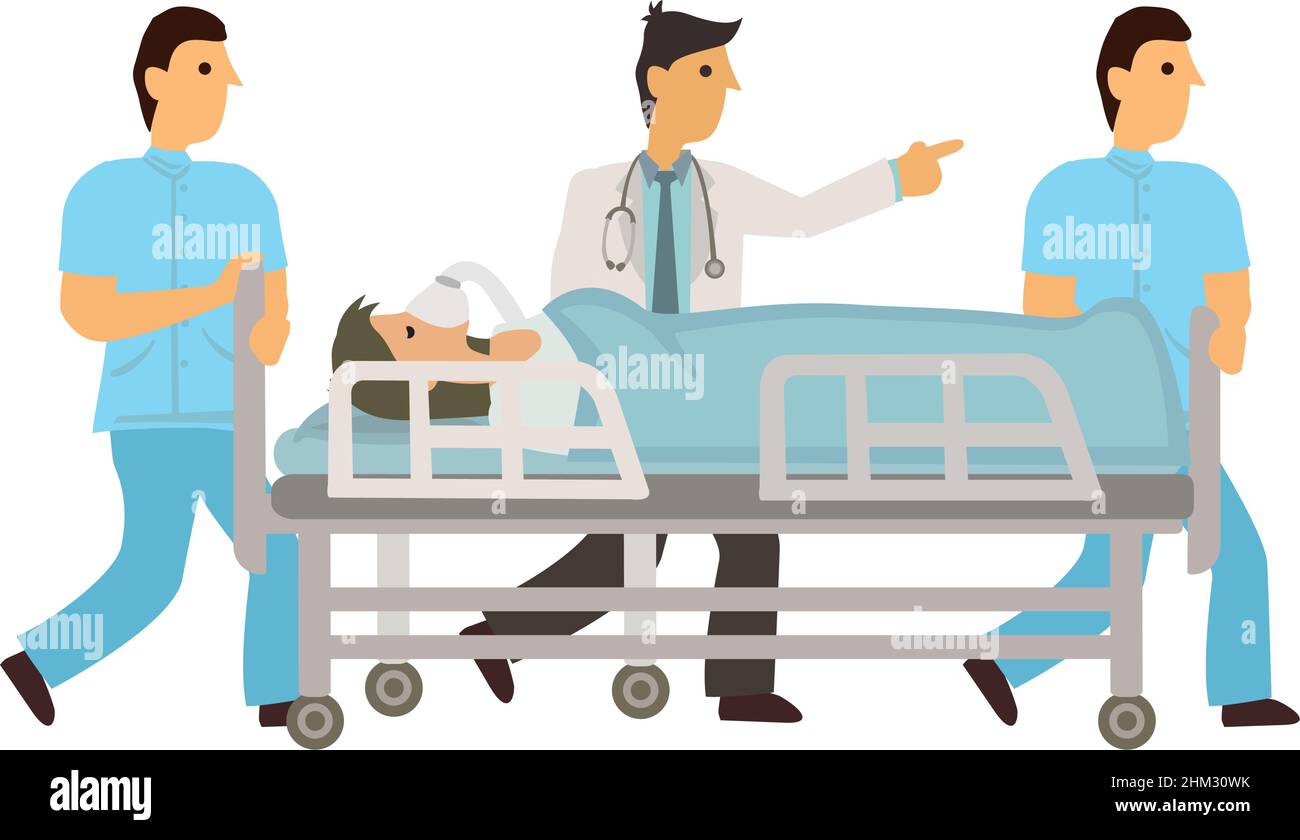 Les infirmières et les ambulanciers paramédicaux doivent pousser Gurney ou Stretcher avec le patient blessé dans la salle d'opération.Personnel professionnel sauvant des vies aux urgences.Ven Illustration de Vecteur