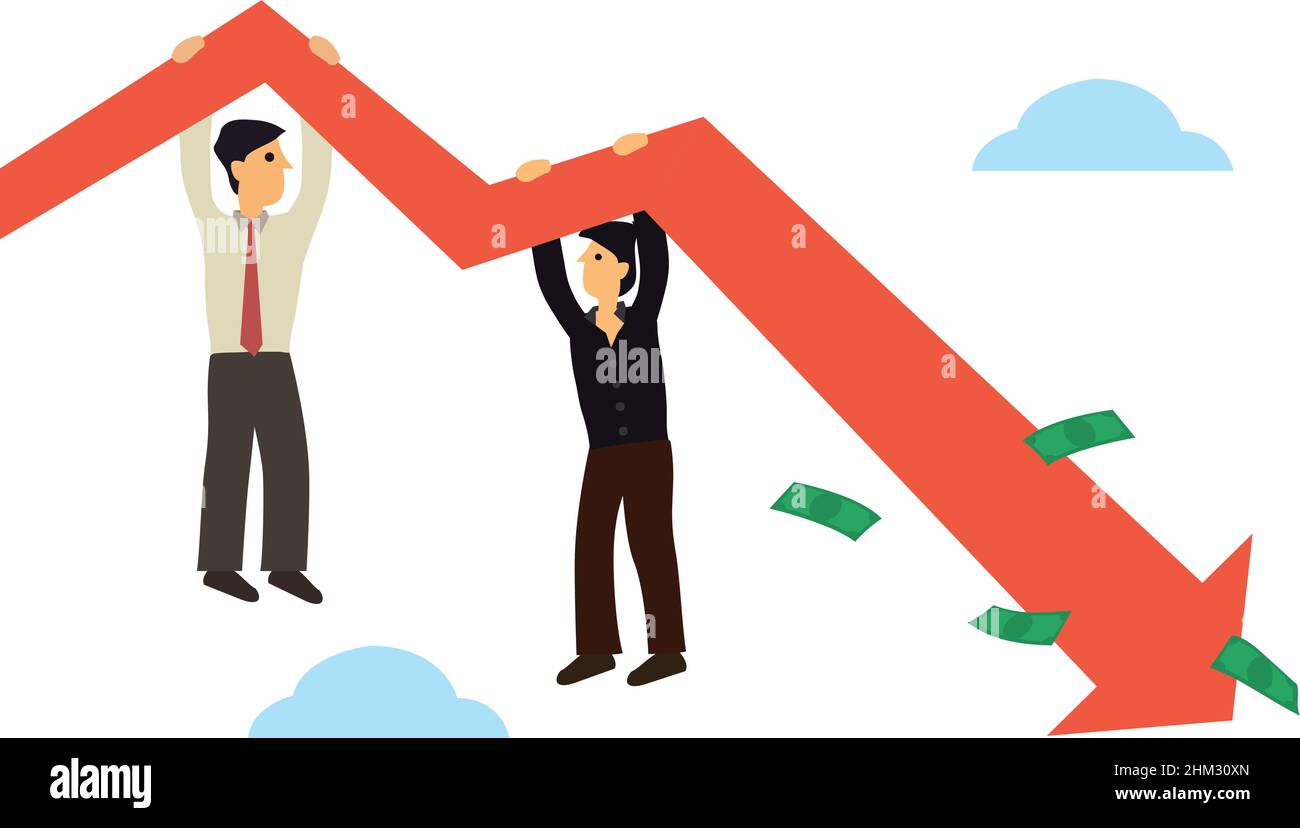 Récession économique, crise financière ou krach boursier concept avec un homme d'affaires inquiet investisseur ou propriétaire d'entreprise.Flèche rouge vers le bas.Illustration vectorielle Illustration de Vecteur