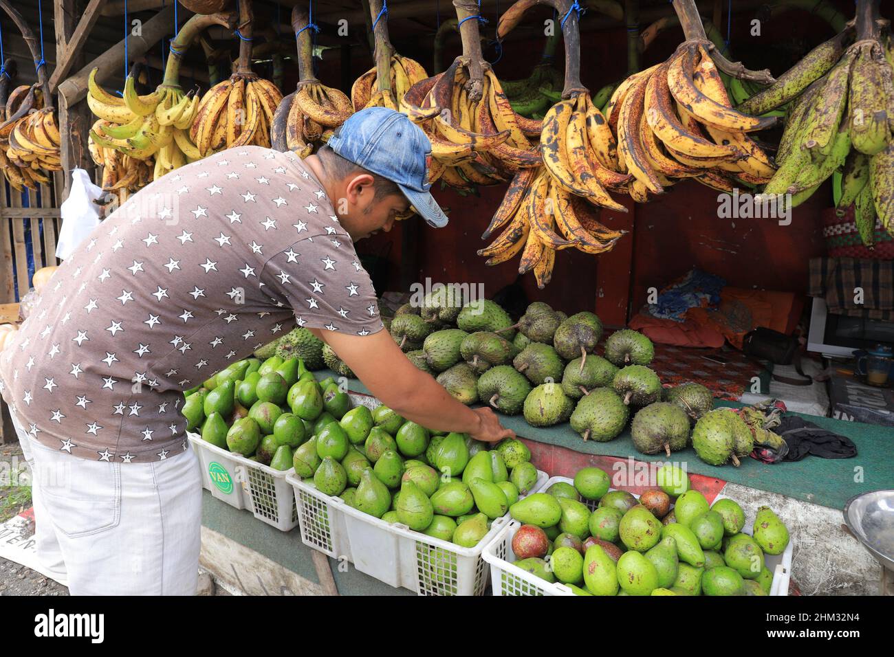 Lumajang, Indonésie - 13 janvier 2022 : Pisang Tanduk ou Pisang Agung et Pisang Mas Kirana vendeur, dans un marché traditionnel. Parfait pour l'arrière-plan Banque D'Images