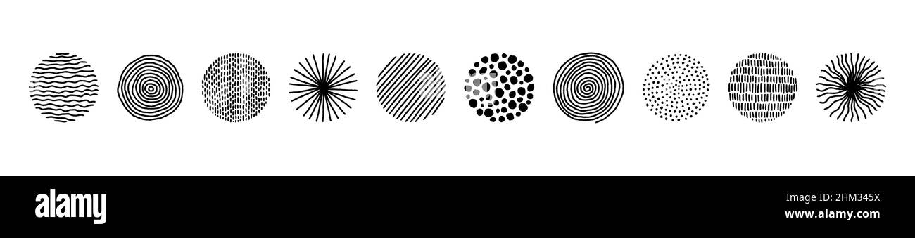 Cercles dessinés à la main avec une texture boosée.Ensemble moderne abstrait forme ronde noire avec lignes, cercles, gouttes.Formes de caniche bio dessinées à la main.Colletion Illustration de Vecteur