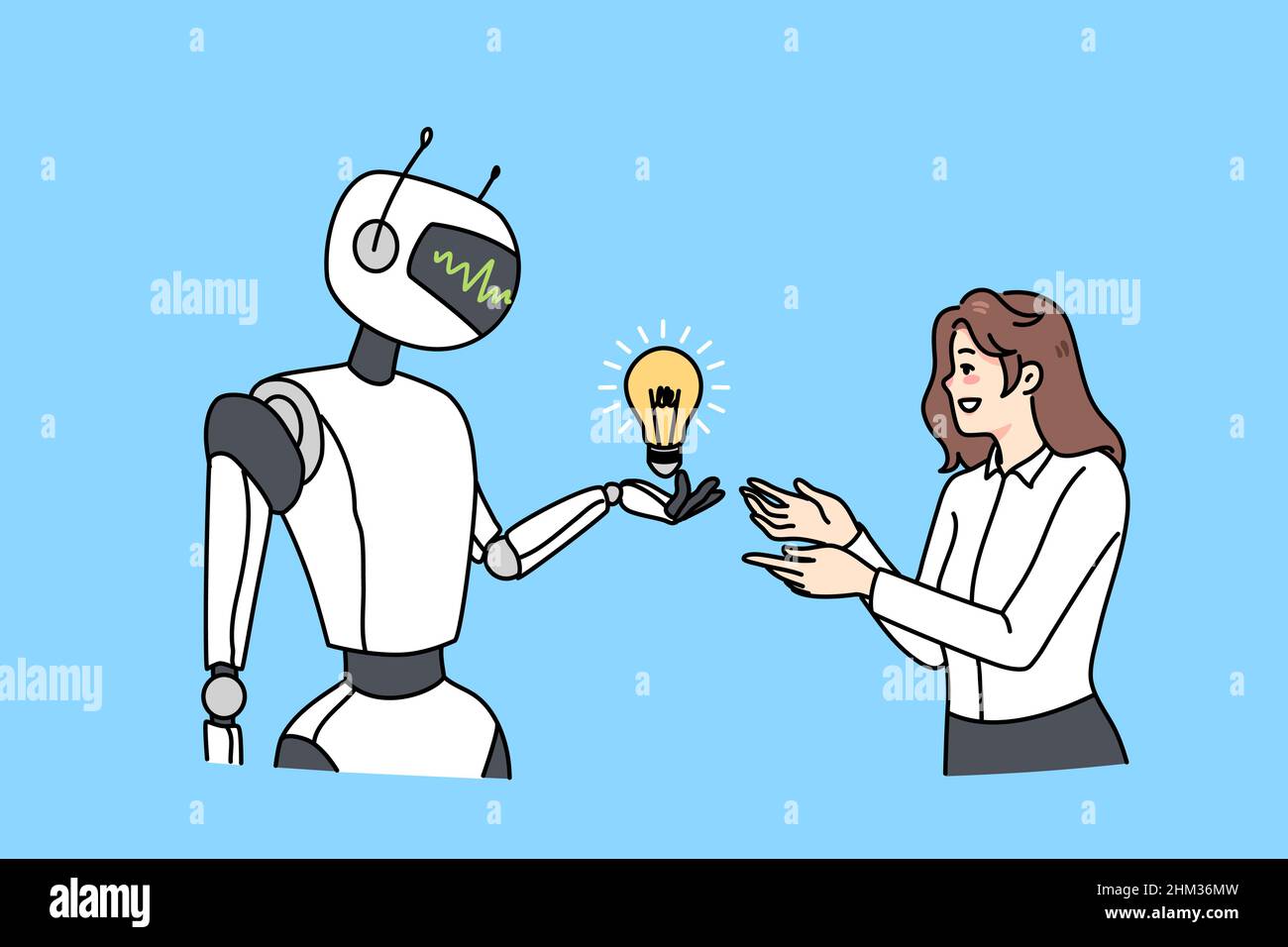 Le robot donne une ampoule à une employée féminine offre une solution professionnelle productive.Assistant virtuel ou cyborg aider femme d'affaires avec une idée innovante ou projet de démarrage.Innovation.Illustration vectorielle. Illustration de Vecteur