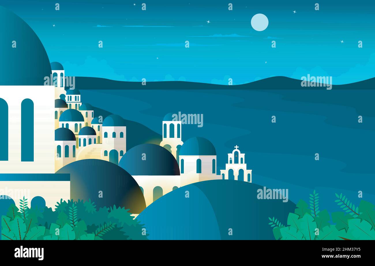 Nuit Santorini mer Paysage grec vacances d'été Voyage Tourisme vue Illustration de Vecteur