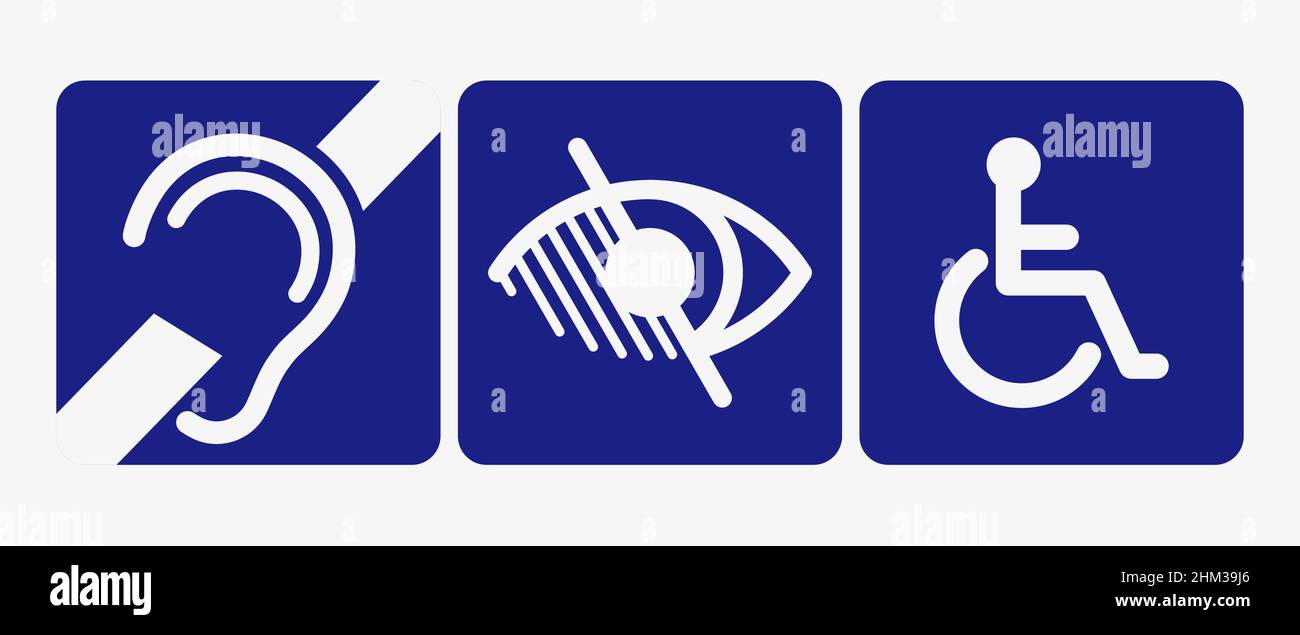 Signes de personne handicapée. Sourd aveugle, icône de fauteuil roulant Illustration de Vecteur