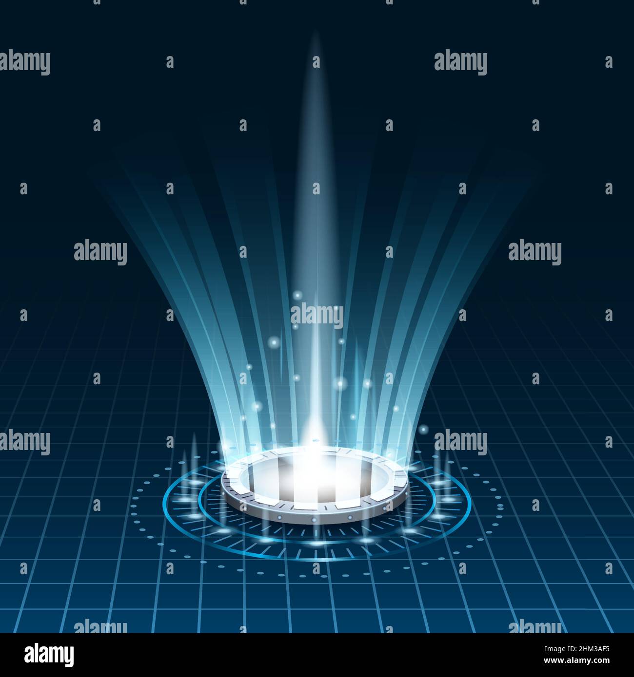 Portail futuriste SKY-fi numérique, cercle science téléport tunnel avec des rayons de lumière et des lueurs, podium, projecteur.Illustration vectorielle, noir et bleu Illustration de Vecteur