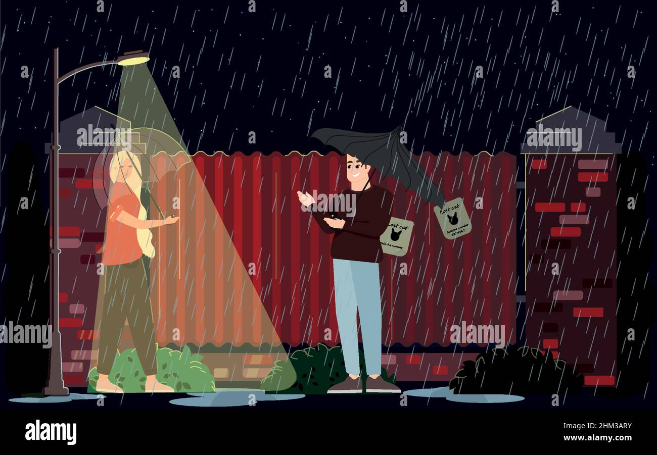 Temps humide et pluvieux dans une ville nocturne éclairée par une lanterne de clôture. Illustration de Vecteur