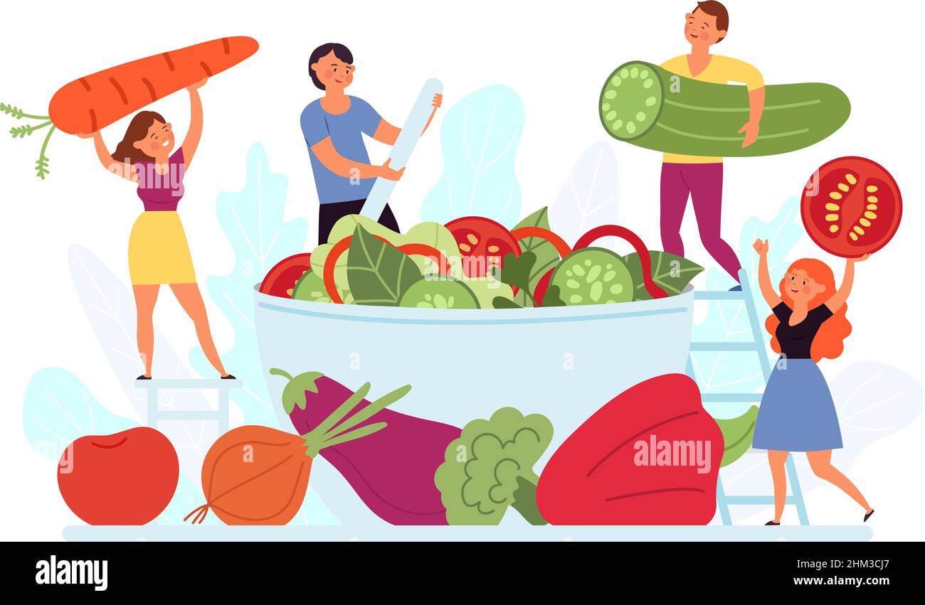 Les gens cuisent des salades.Cuisinez des recettes végétariennes, des aliments naturels manger mode de vie.Repas sain, plat de légumes rustique.Les gens sont minuscules dans la cuisine végétarienne, c'est correct Illustration de Vecteur