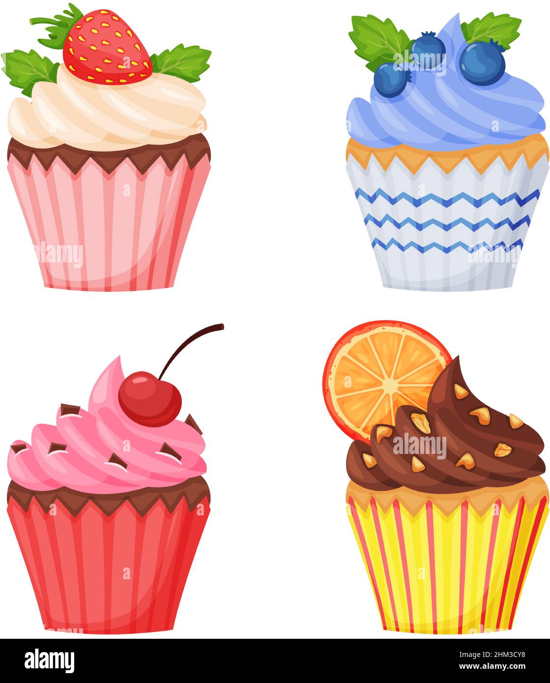 Petits gâteaux de dessin animé de goût différent.Muffins à la vanille et au chocolat avec différentes garnitures, dont le décor aux fraises, aux myrtilles, aux cerises et aux oranges.Pâtisserie délicieuse pour la fête de la fête de la fête de la série de vecteurs Illustration de Vecteur