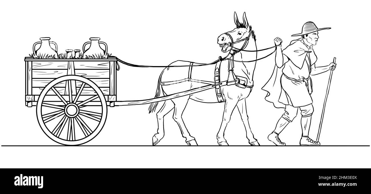 Chauffeur romain avec âne et chariot avec marchandises. Mise en plan historique. Banque D'Images