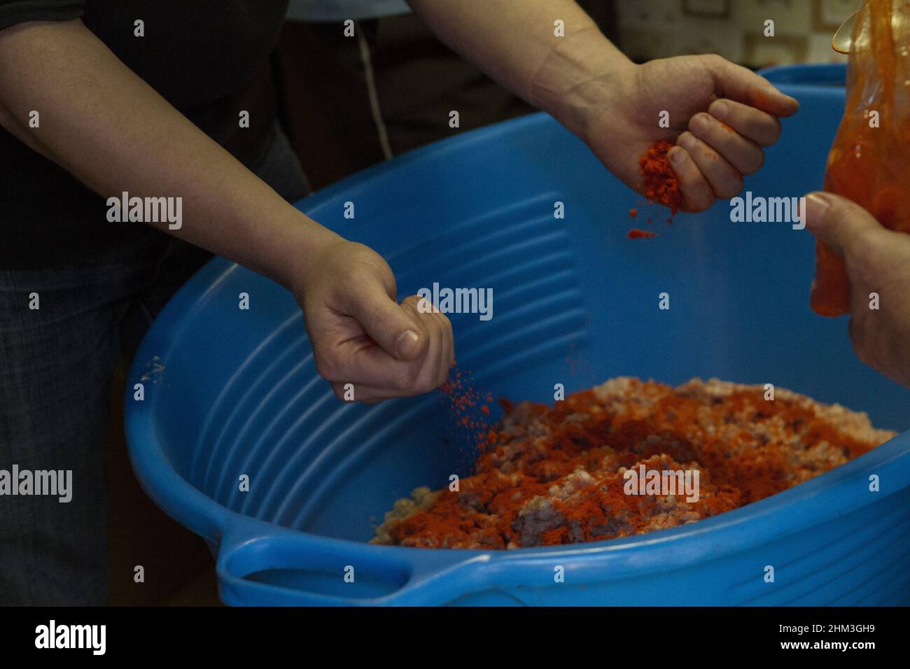 Faire des saucisses à partir de la viande fraîchement moulu avec ajout de sel et de poivre rouge lors d'un abattage traditionnel de porc dans la Hongrie rurale Banque D'Images