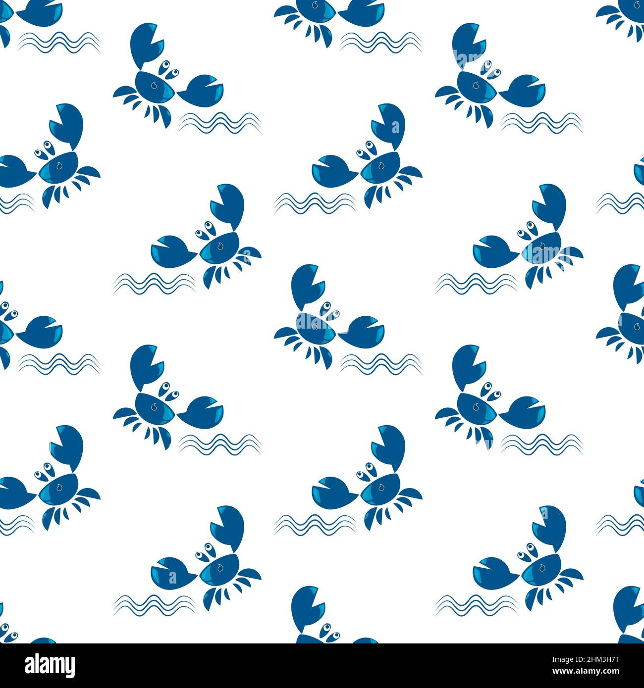 Crabe bleu drôle et vagues. Motif sans couture. Joli motif enfant pour filles et garçons. Les crabes bleus sur fond blanc créent un dessin animé gai, papier peint nautique. Illustration vectorielle Illustration de Vecteur