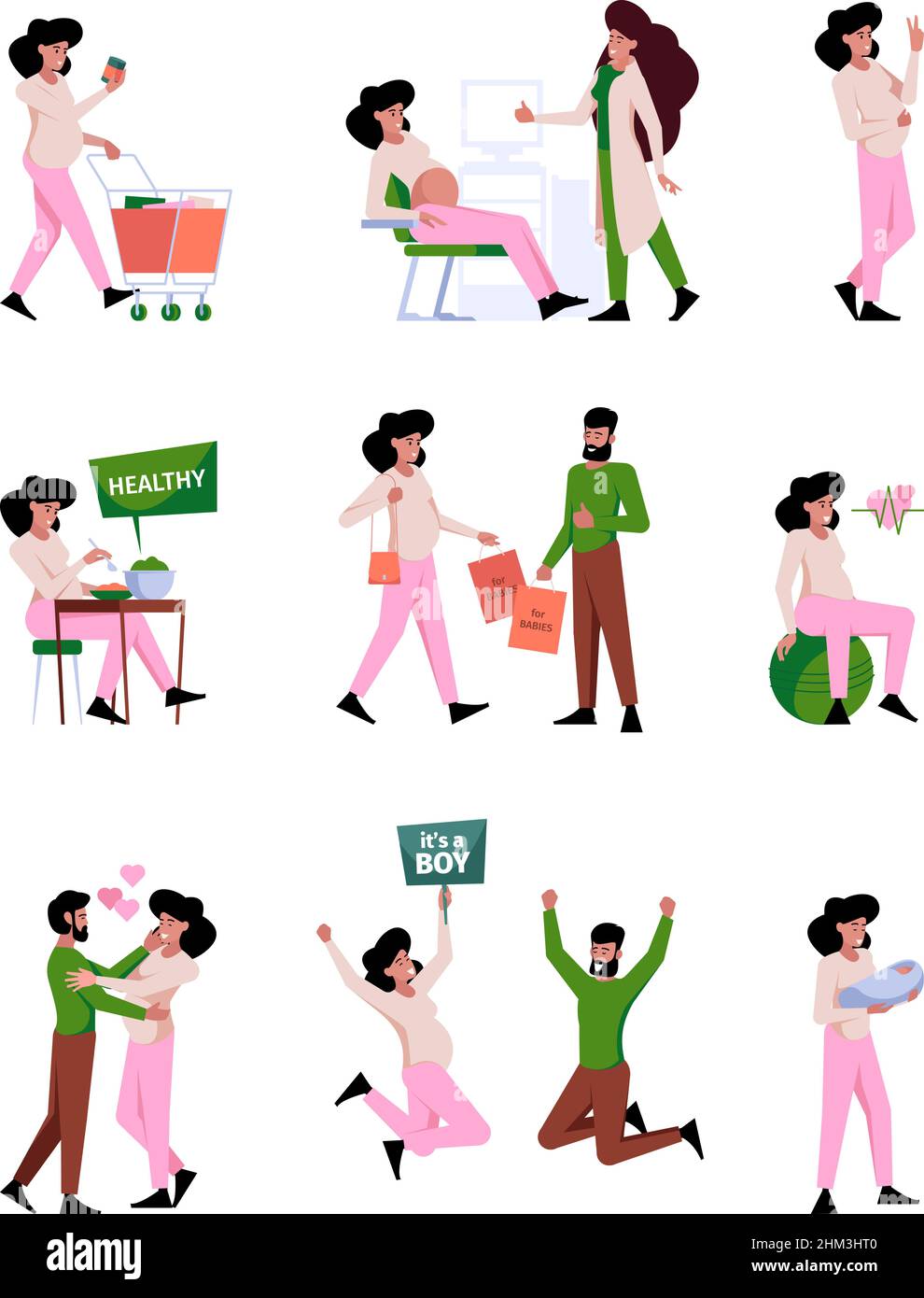 Caracteres Enceintes Femmes Futures Meres En Action Pose Les Soins De Bebe Heureux Maternite Personnes Yoga Activites Cuisine Marche Parents Garish Vecteur Image Vectorielle Stock Alamy