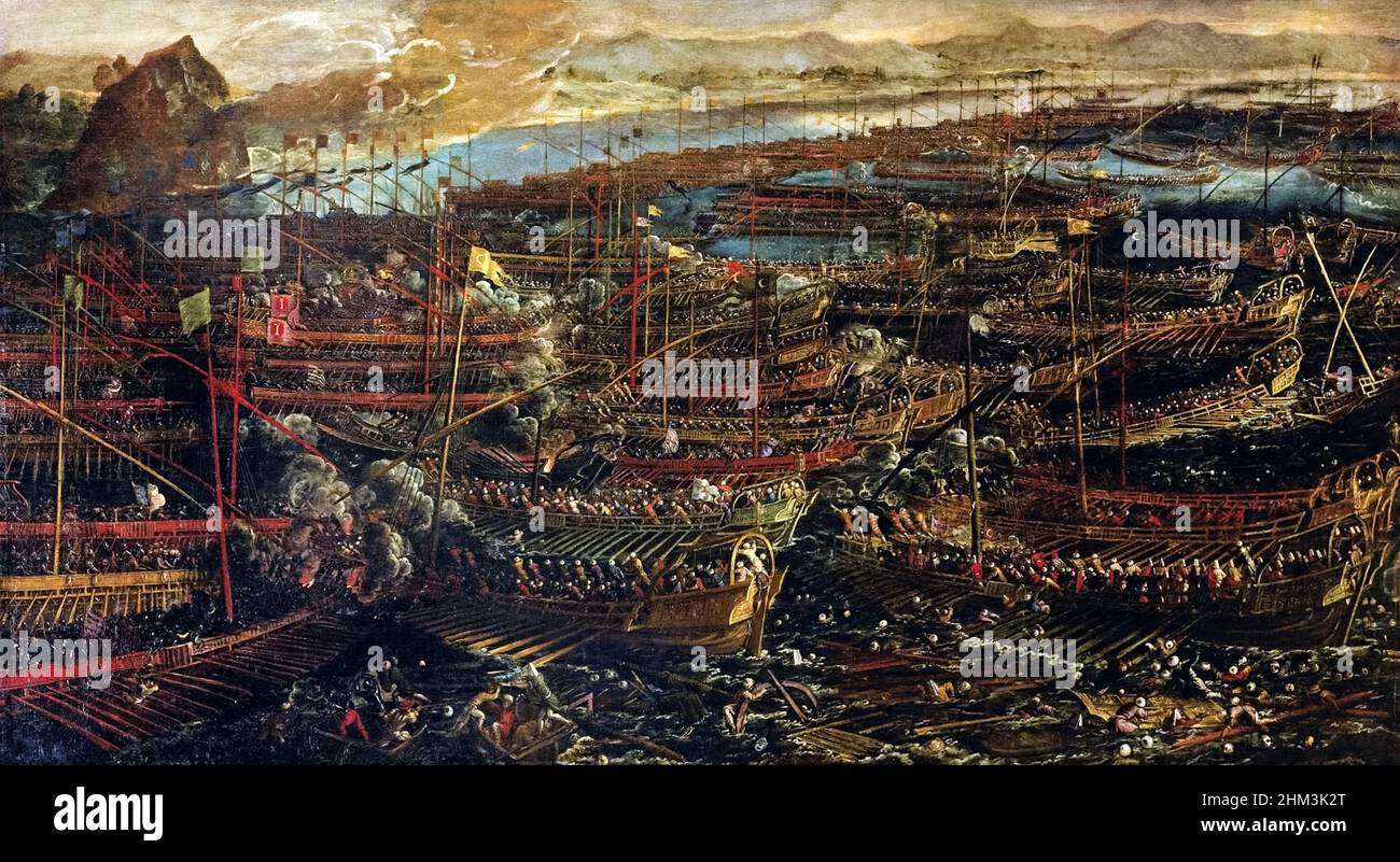 Bataille de Lépante vers 1577 peinture de l'artiste italien Tintoret (1518-1594) montrant le dramatique affrontement naval du 7 octobre 1571 entre les galères de la Sainte Ligue, dirigées par Don Jean d'Autriche, et la flotte ottomane dirigée par Ali Pacha dans le golfe de Patras. Banque D'Images
